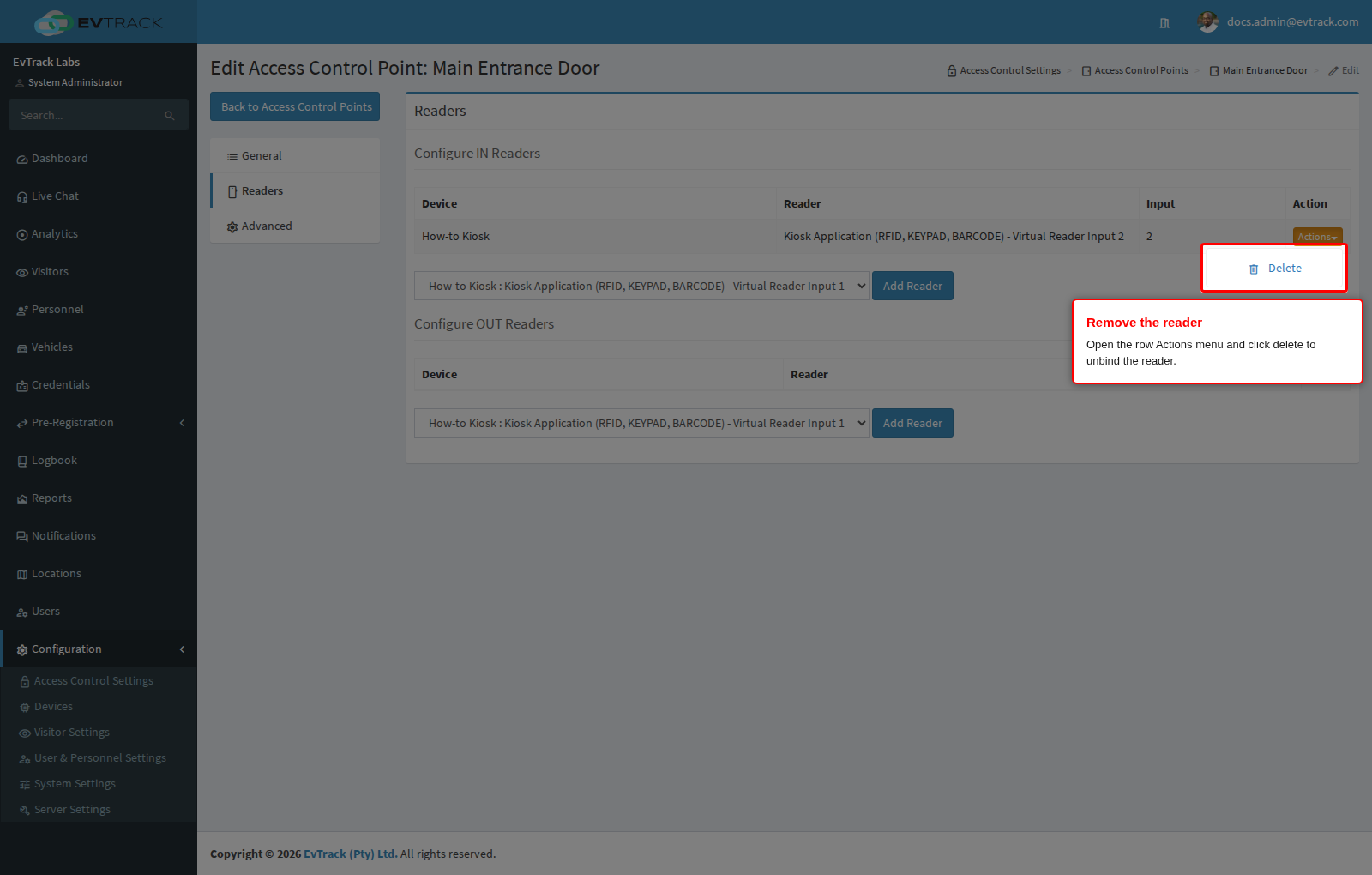 Reader actions menu