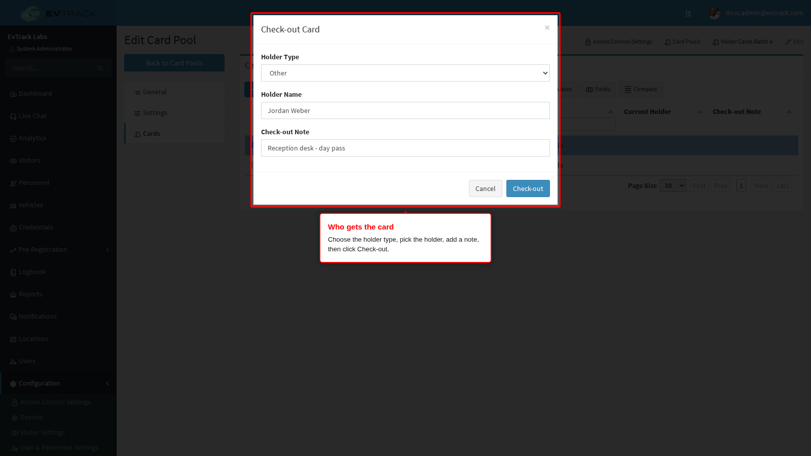 Check-out dialog