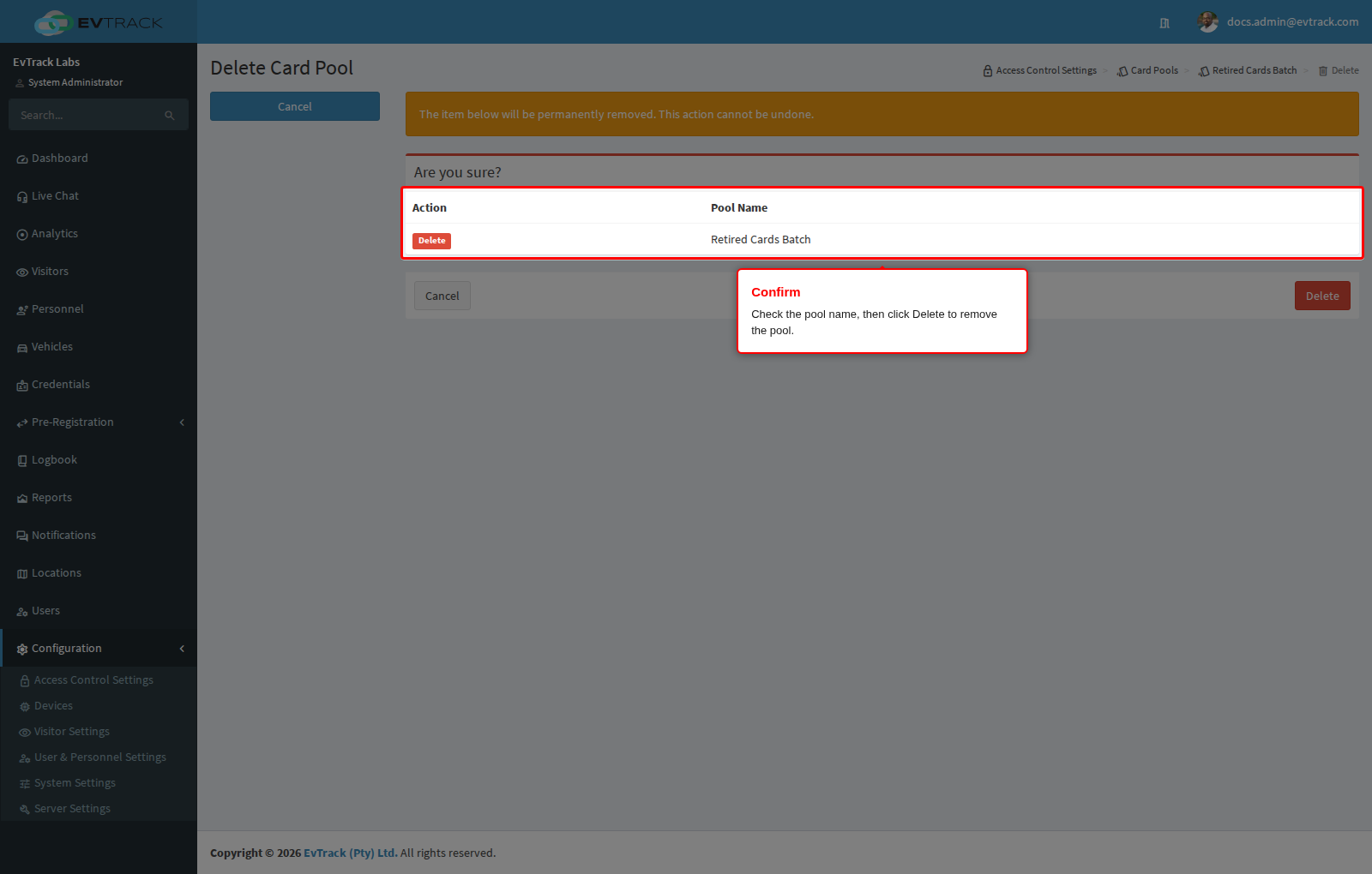 Confirm pool deletion