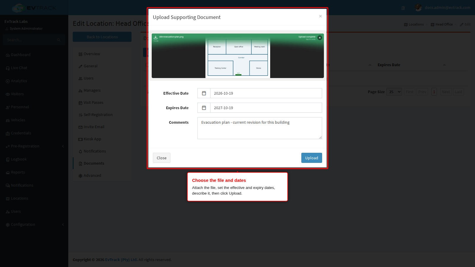 The upload dialog