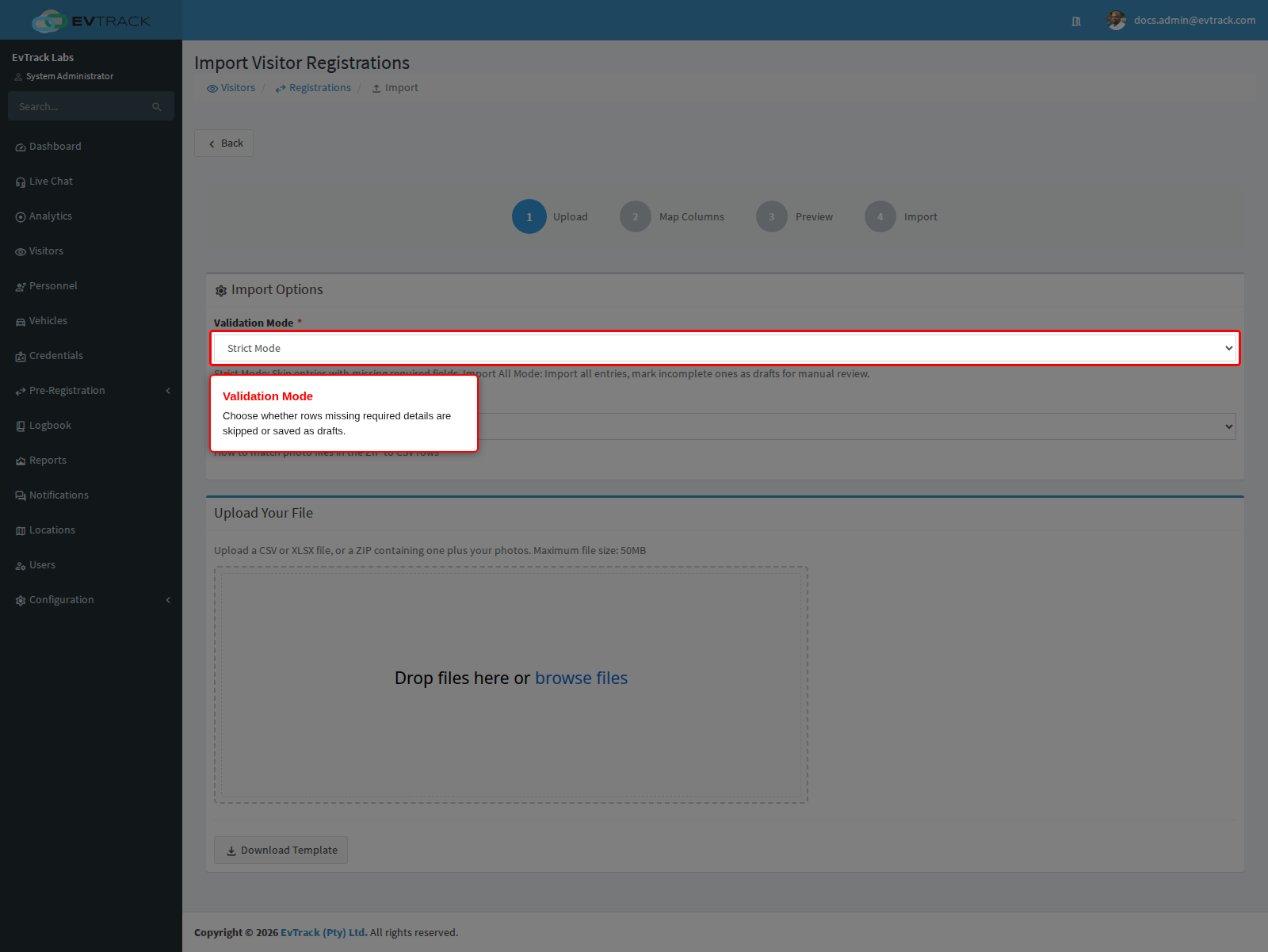 Validation Mode on the visitor registration import