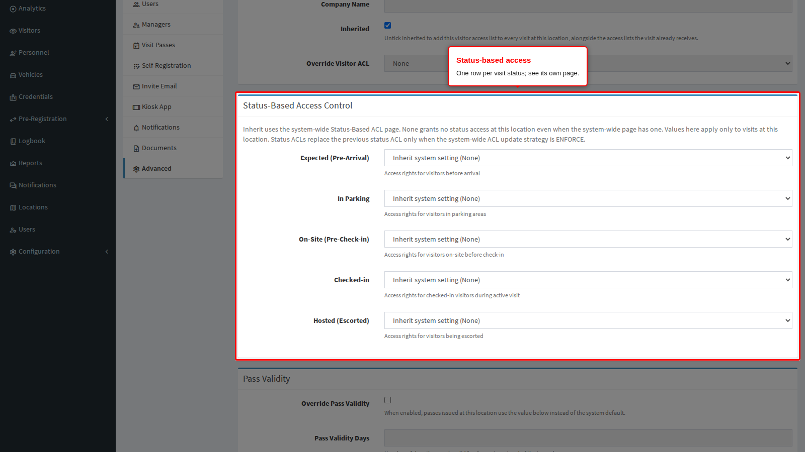 The Status-Based Access Control panel
