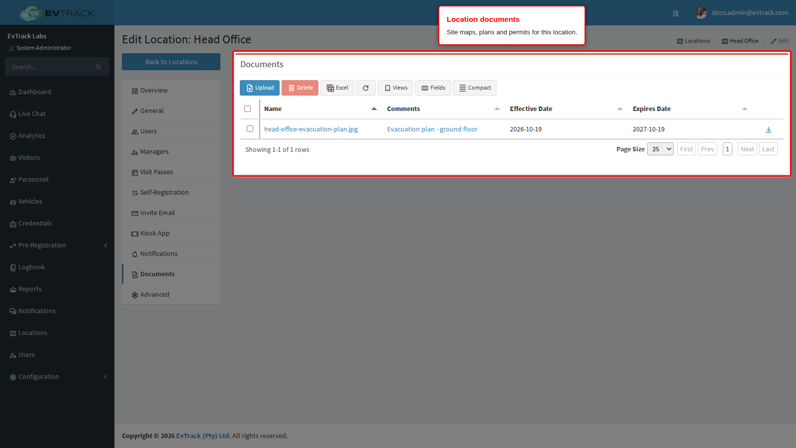 The documents list with the stored file