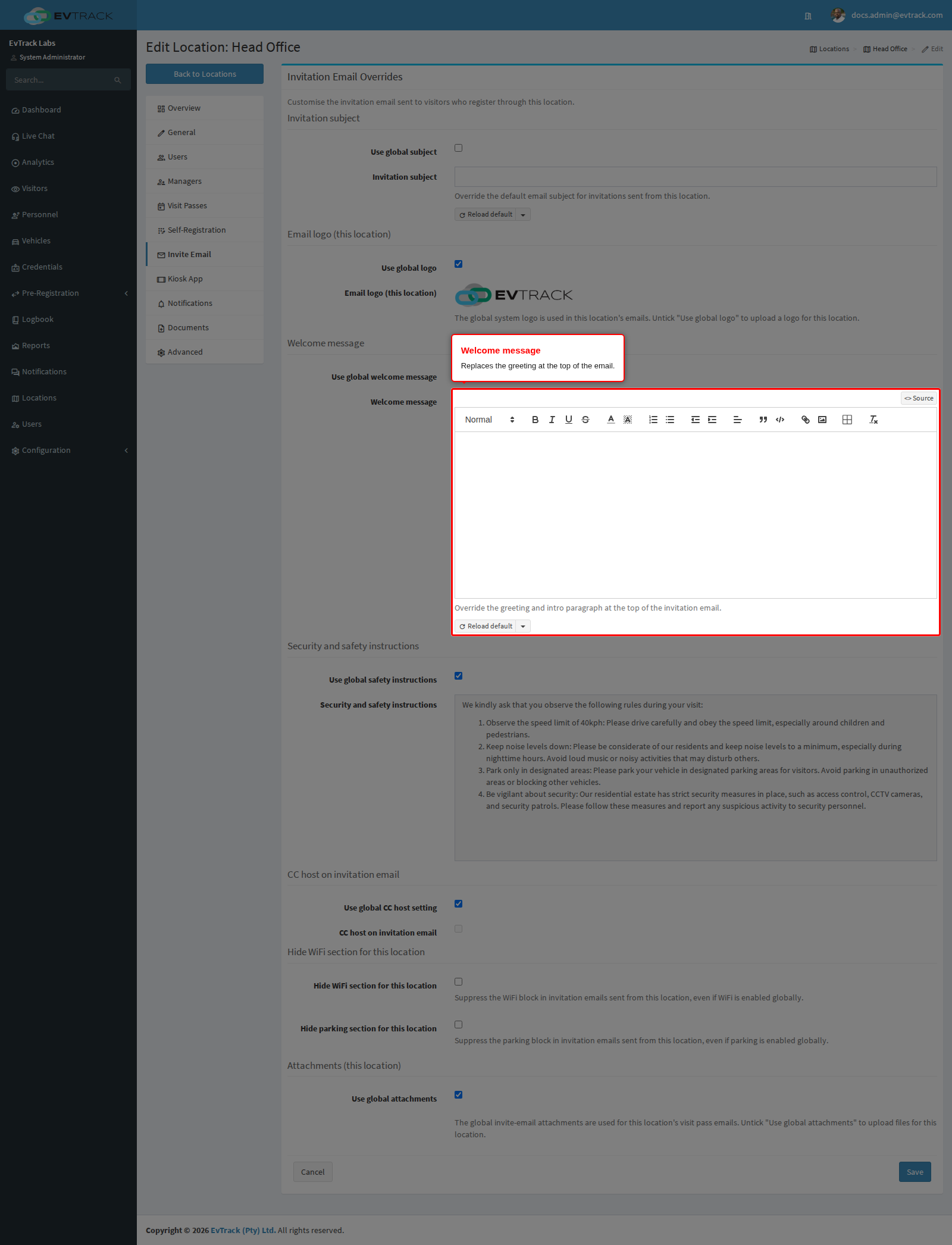 The welcome message editor