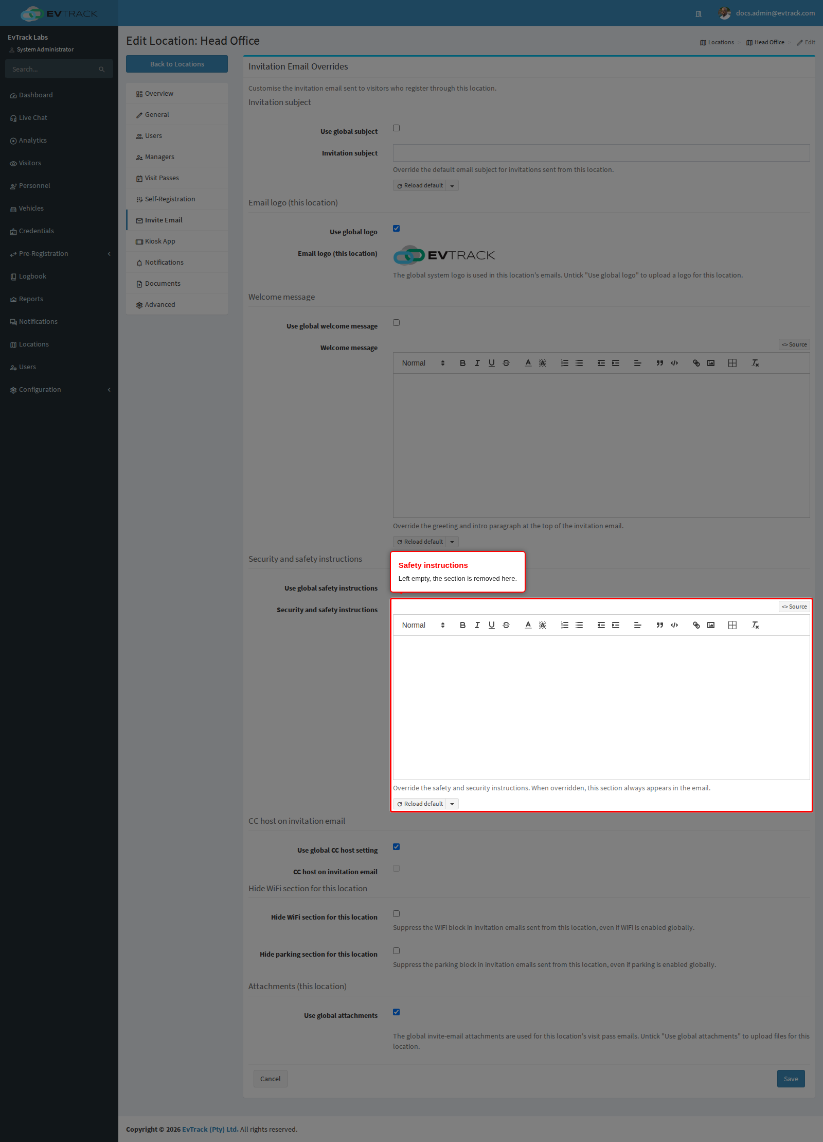 The safety instructions editor