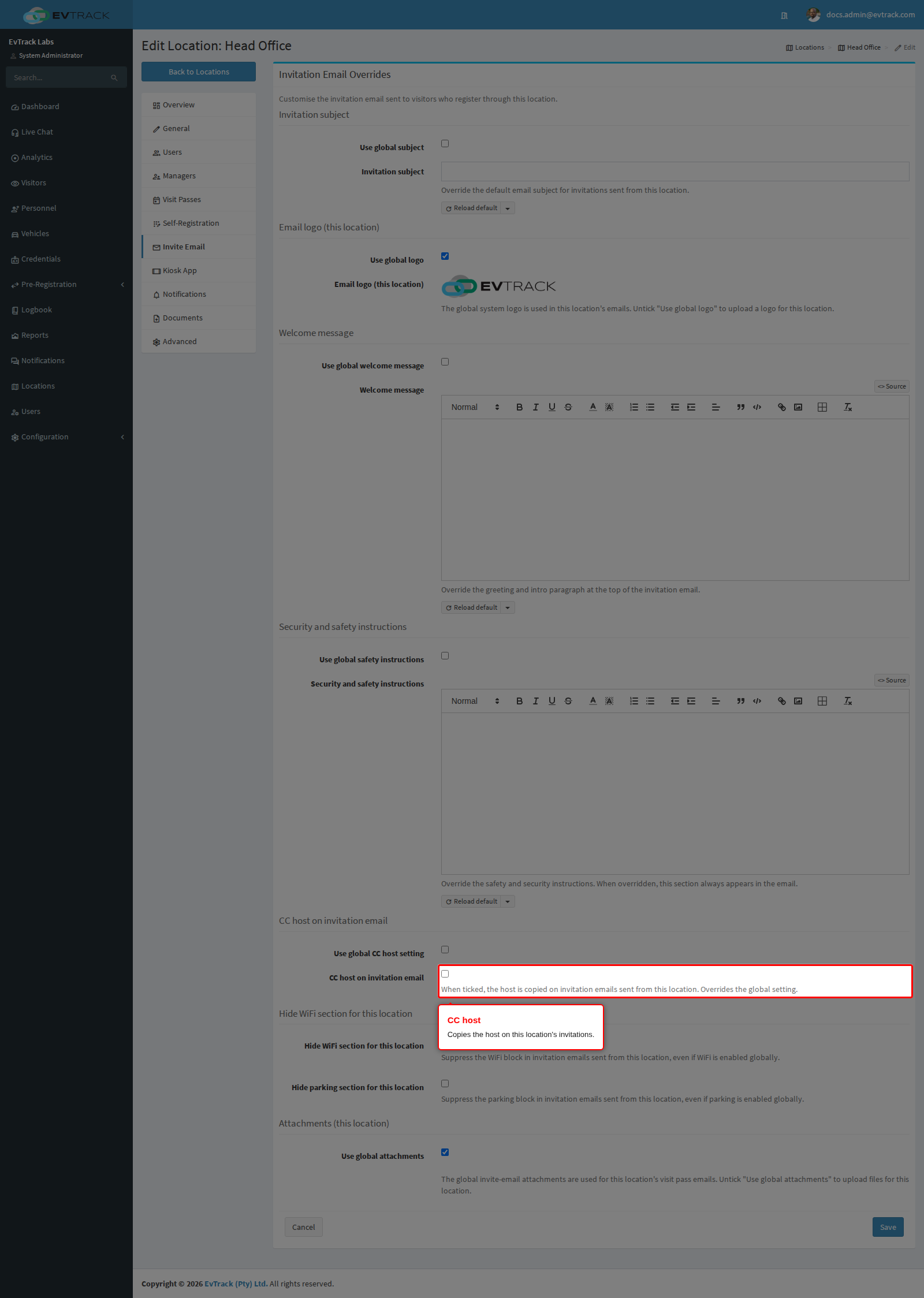 CC host on invitation email