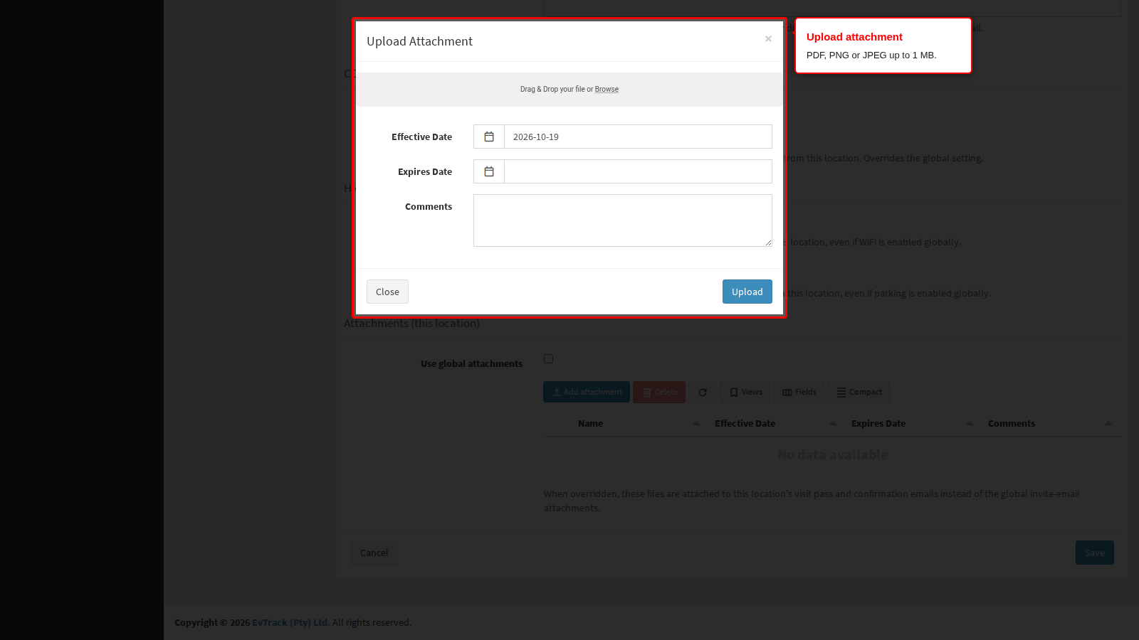 The Upload Attachment dialog