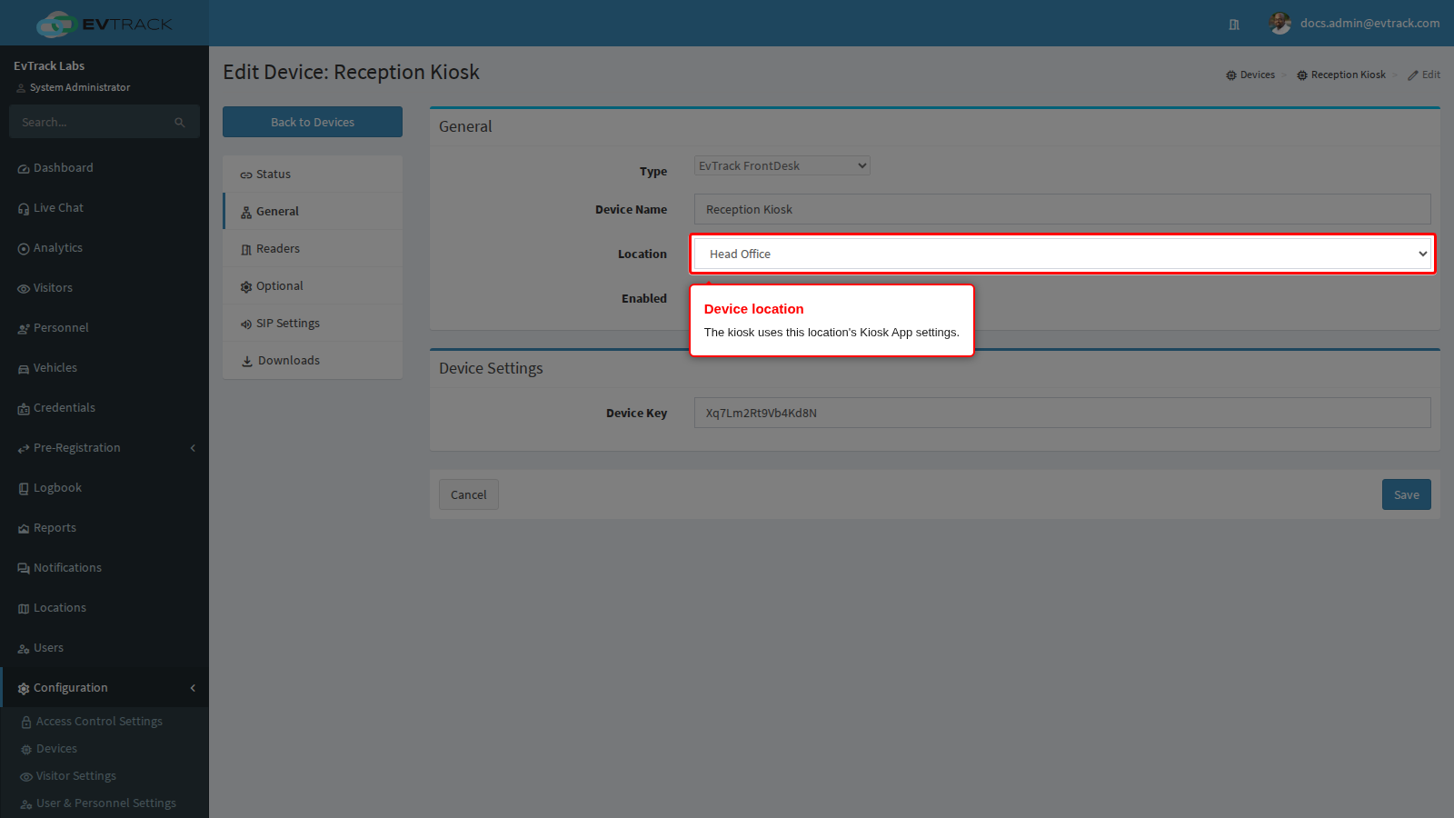 The Location select on the device General panel