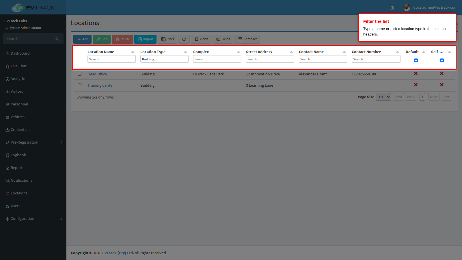 Filters under the column titles