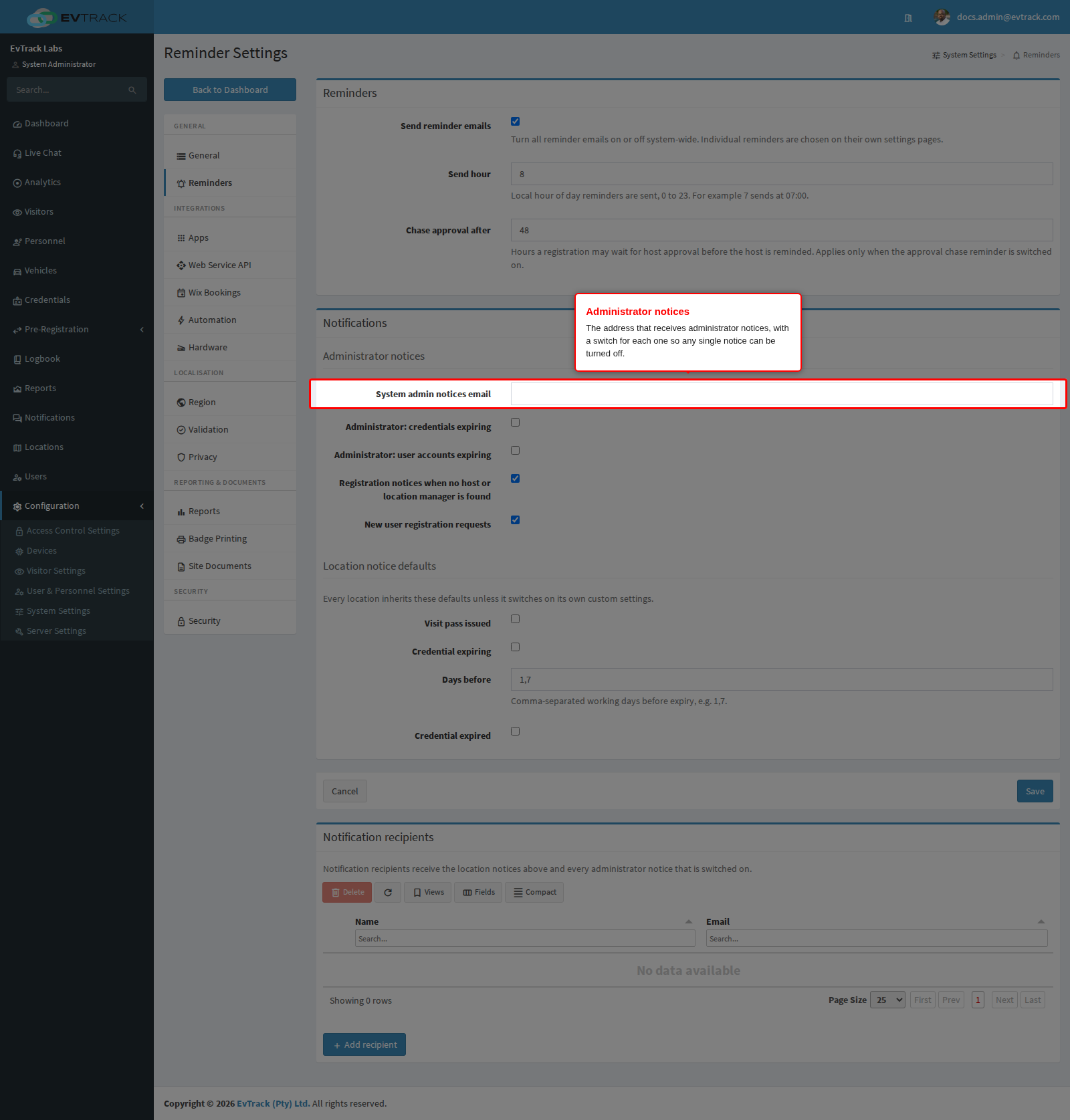 System admin notices email and administrator notice switches