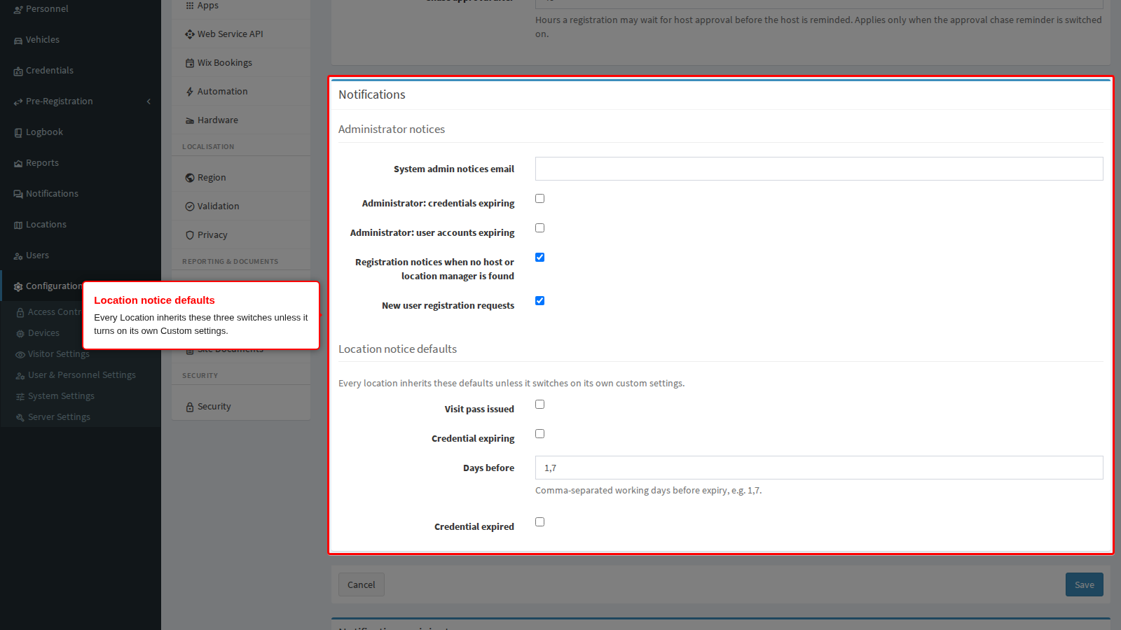 Location notice defaults