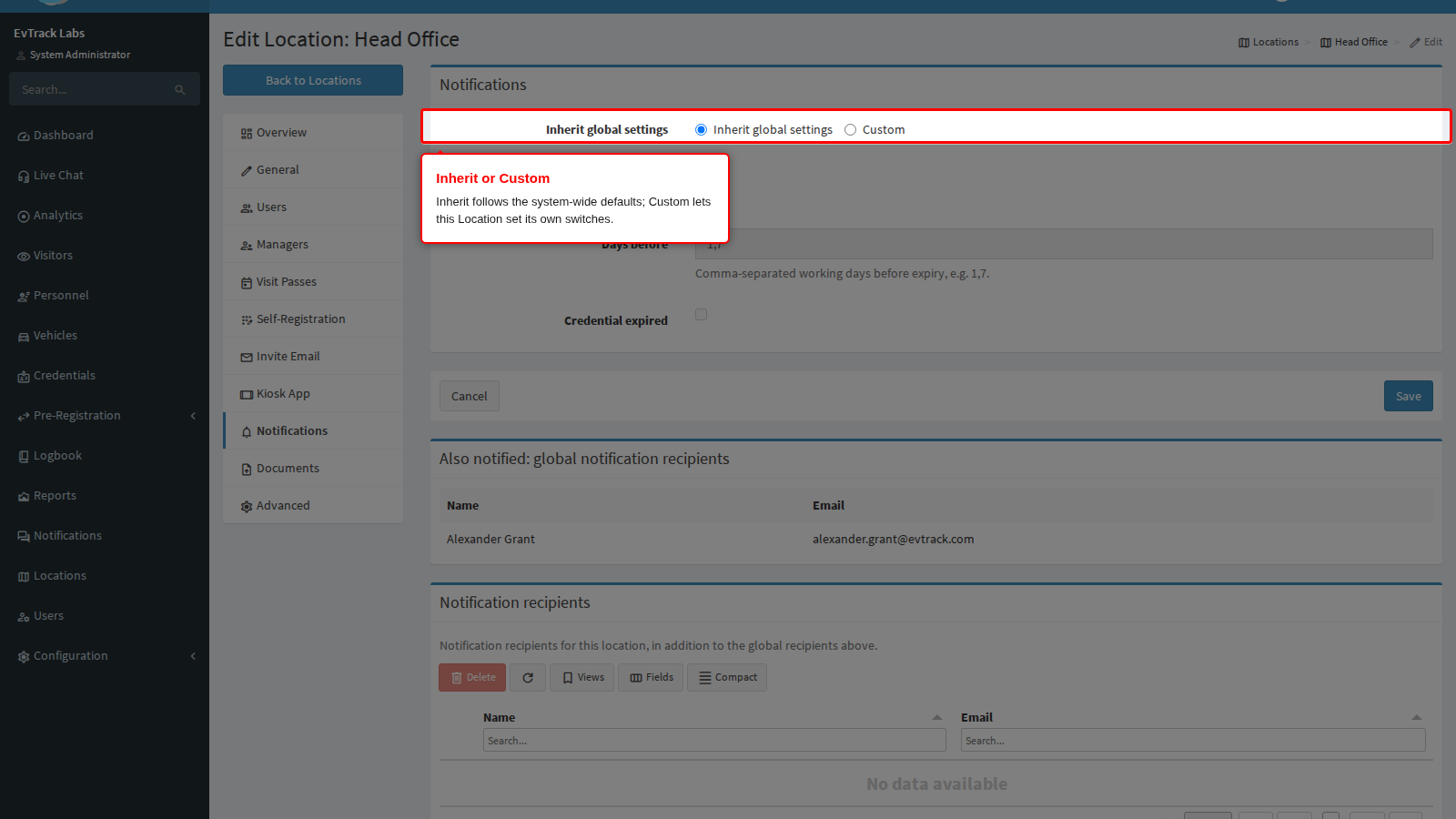 Inherit global settings or Custom