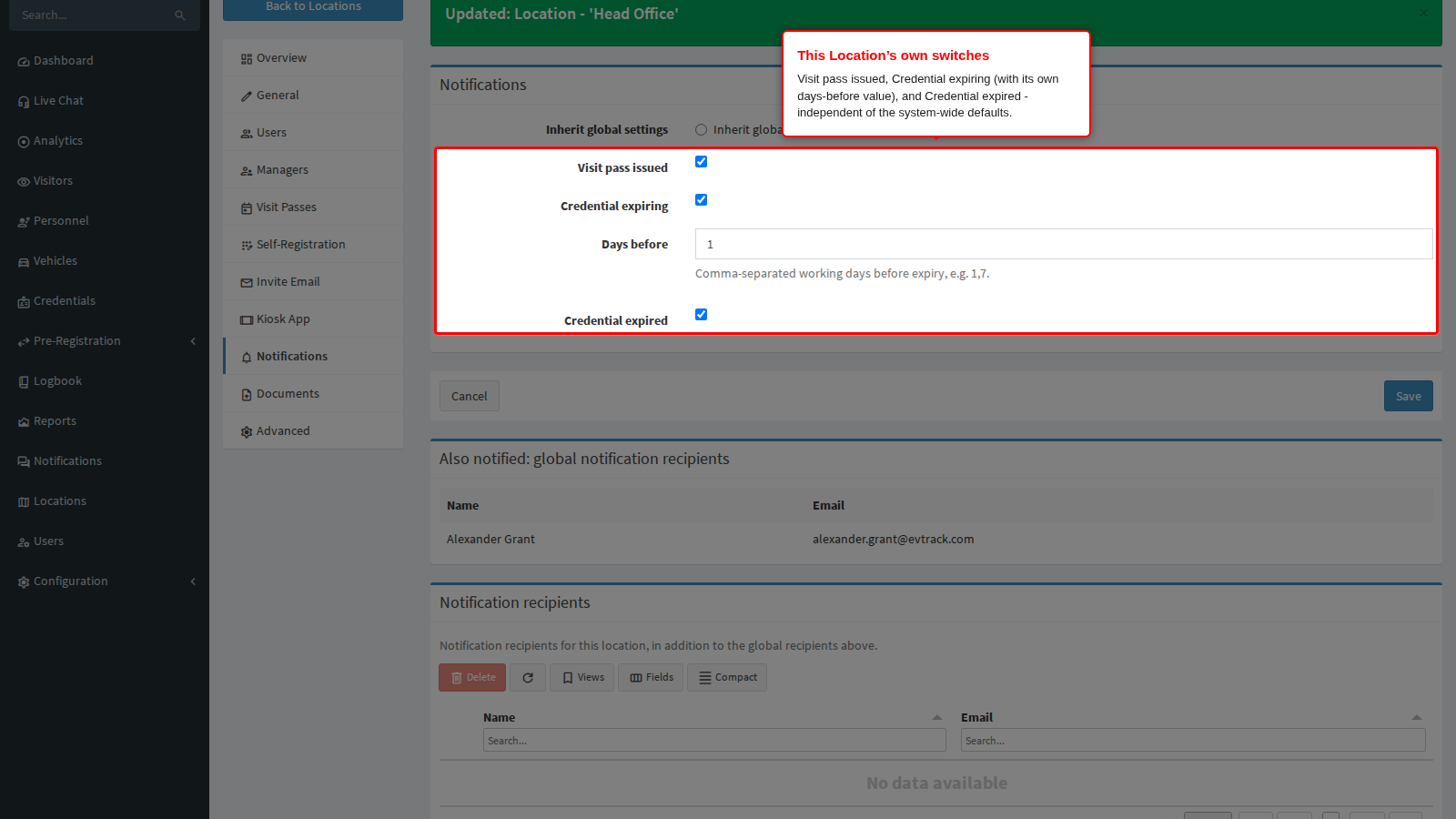 The notice switches once Custom is selected