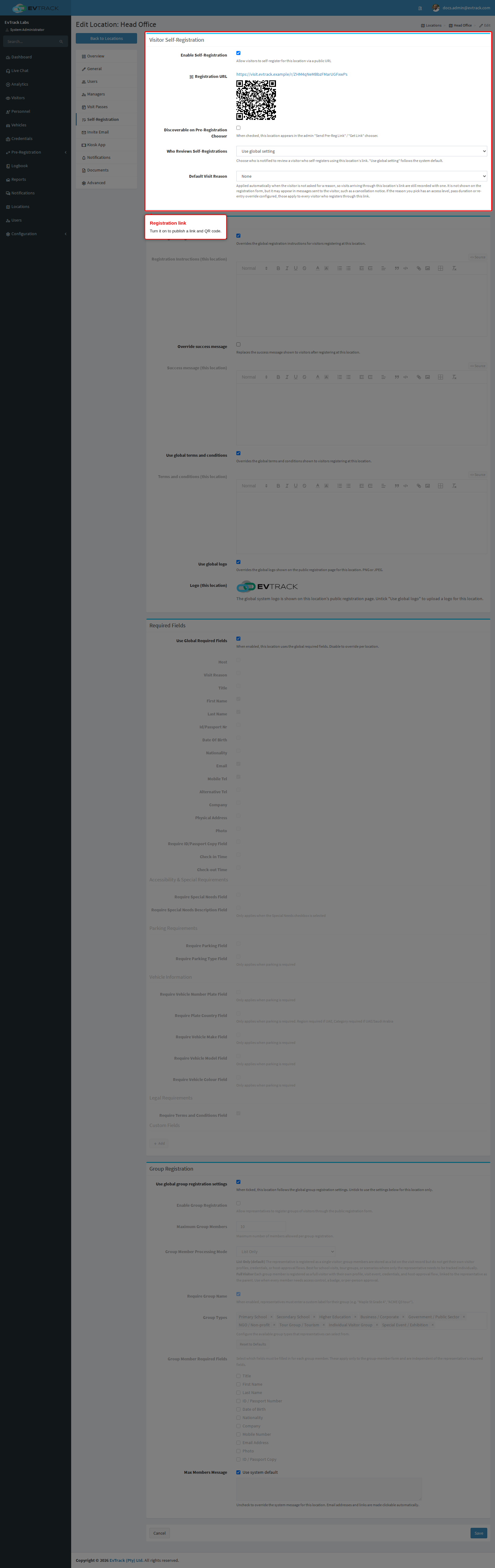 Enable Self-Registration and the registration link