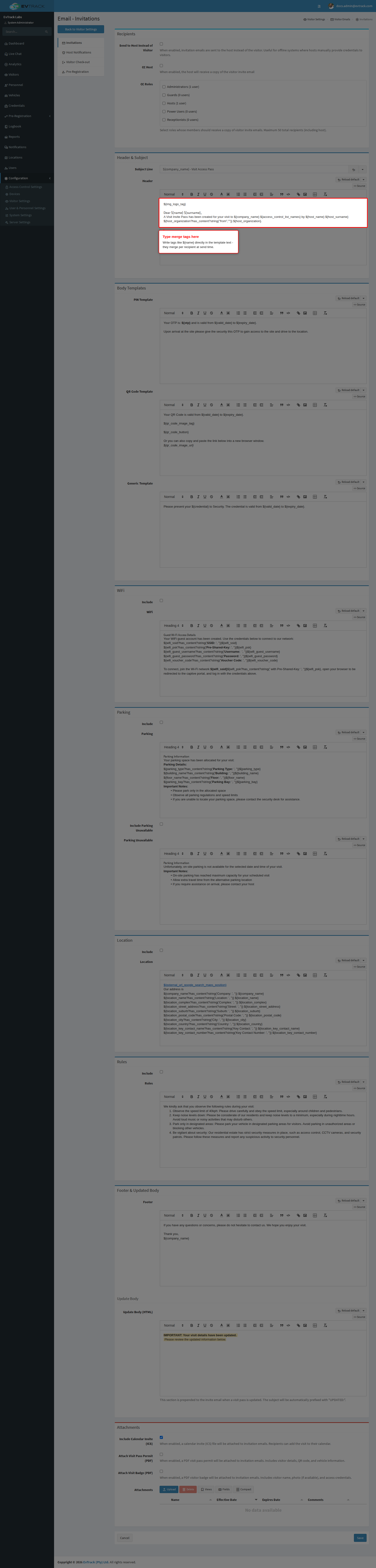 Invitation email template editor with merge tags