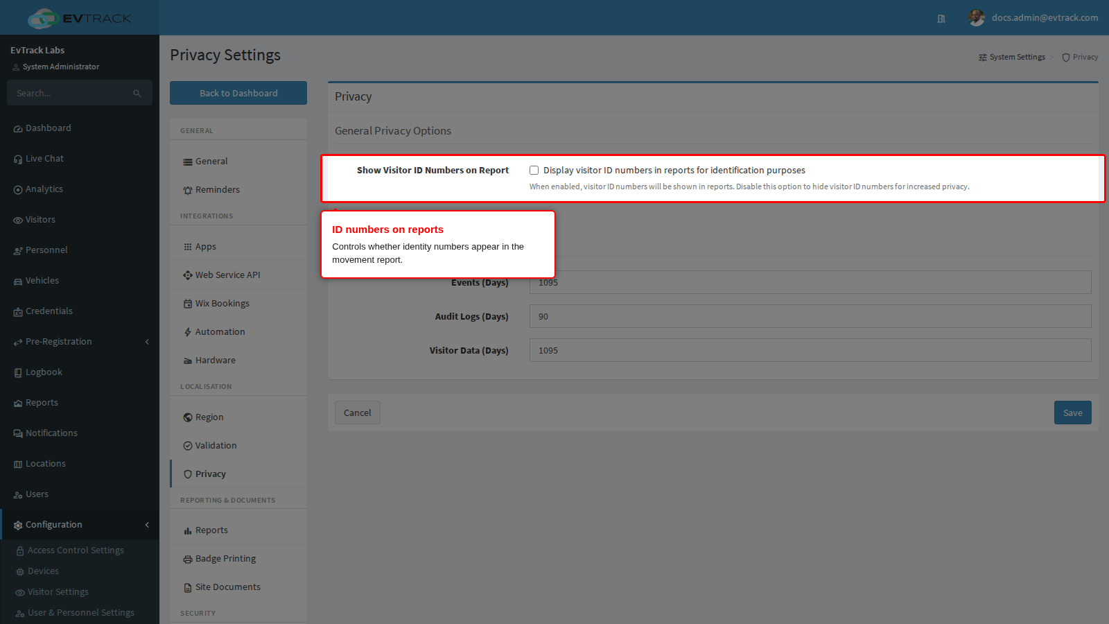 The Show Visitor ID Numbers on Report option