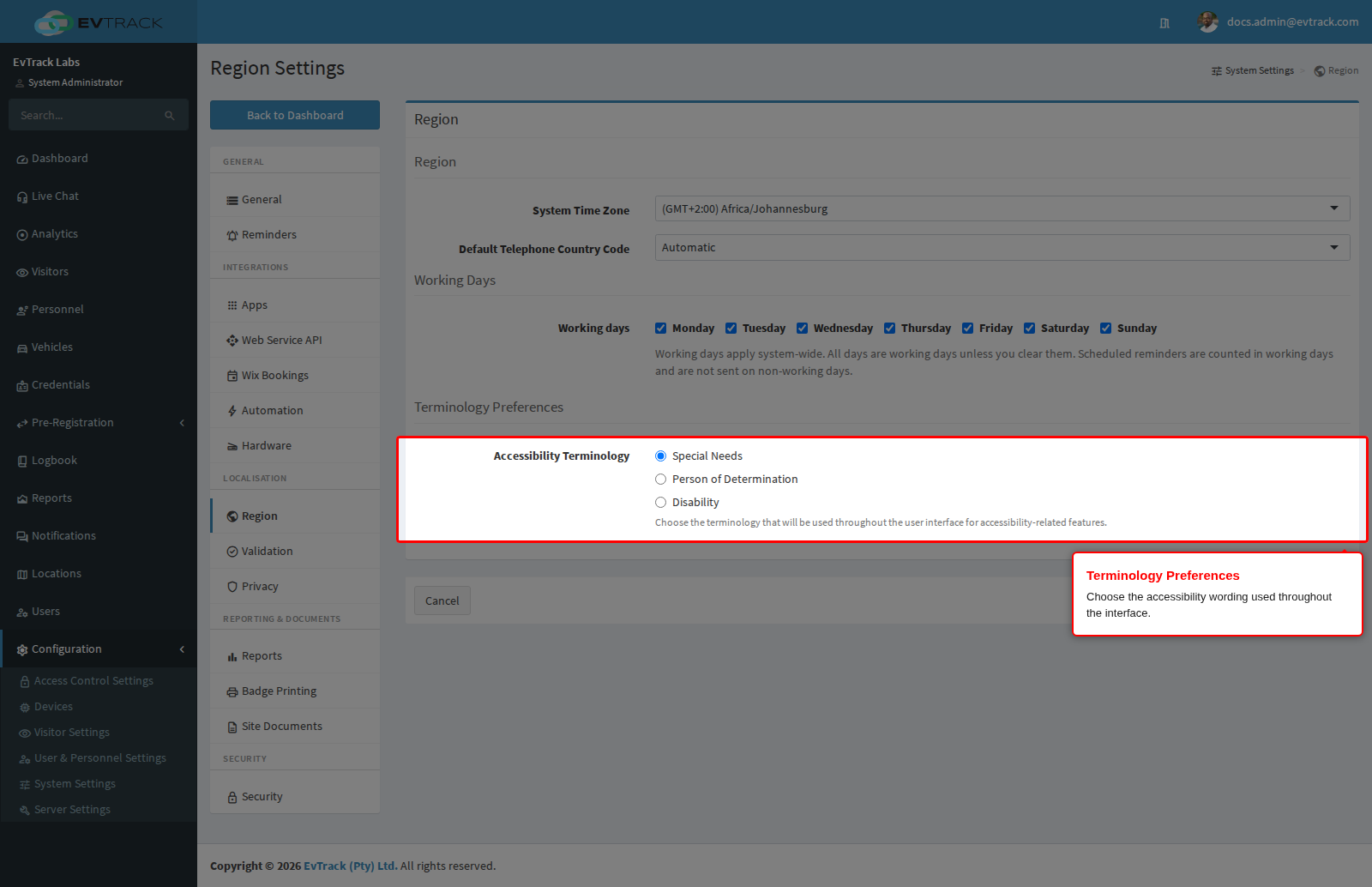 Terminology Preferences section