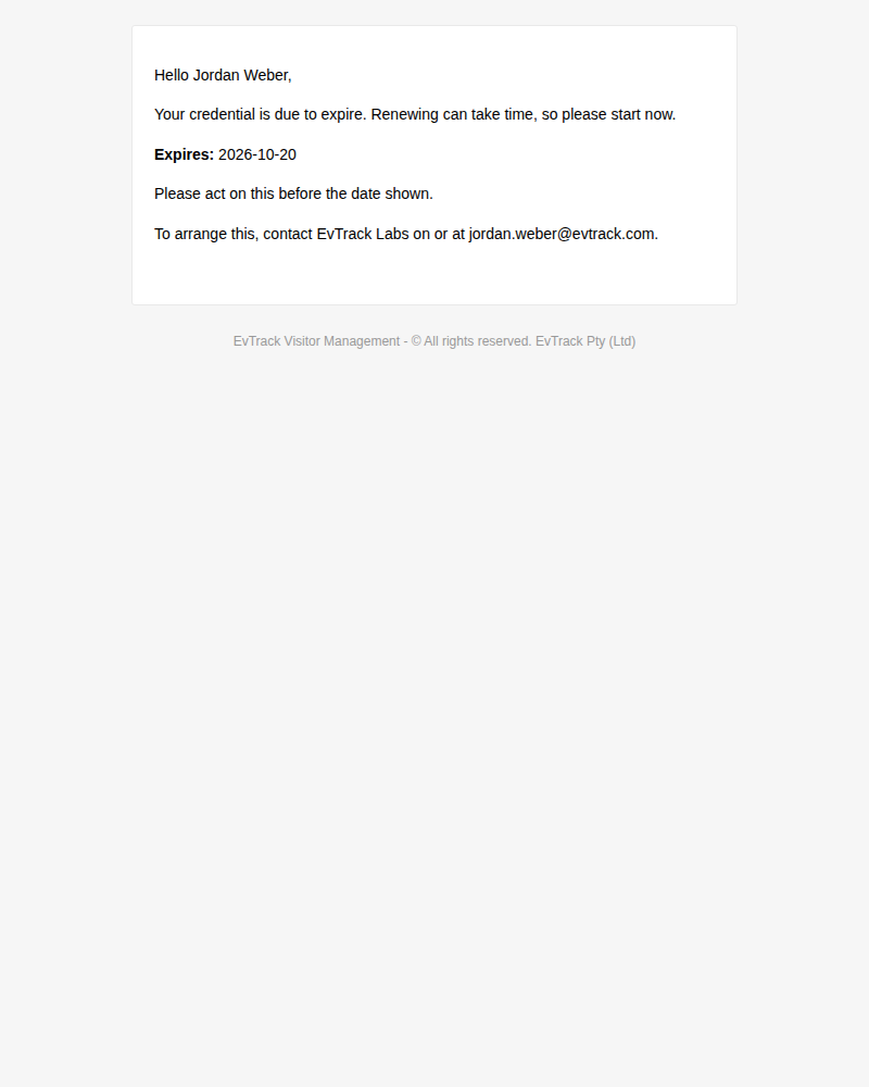 A credential-expiry reminder