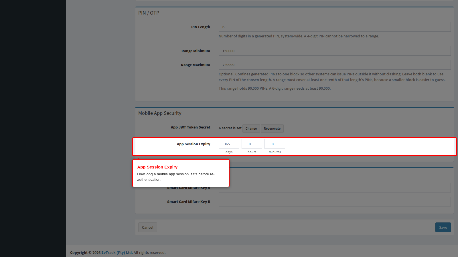 The App Session Expiry field