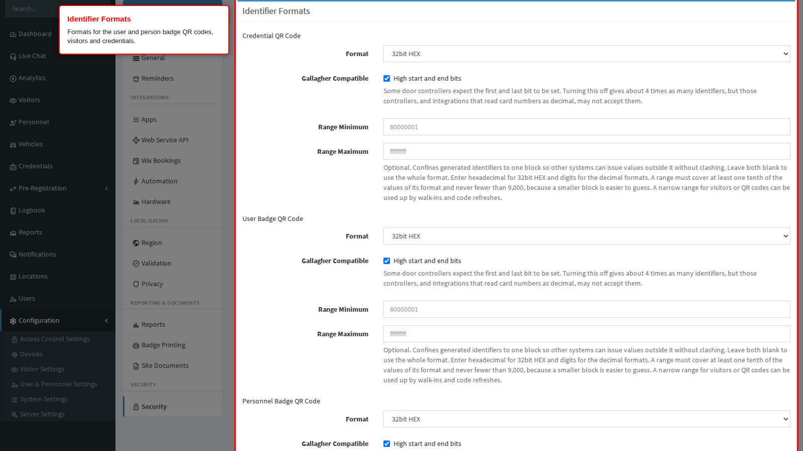 The identifier formats section