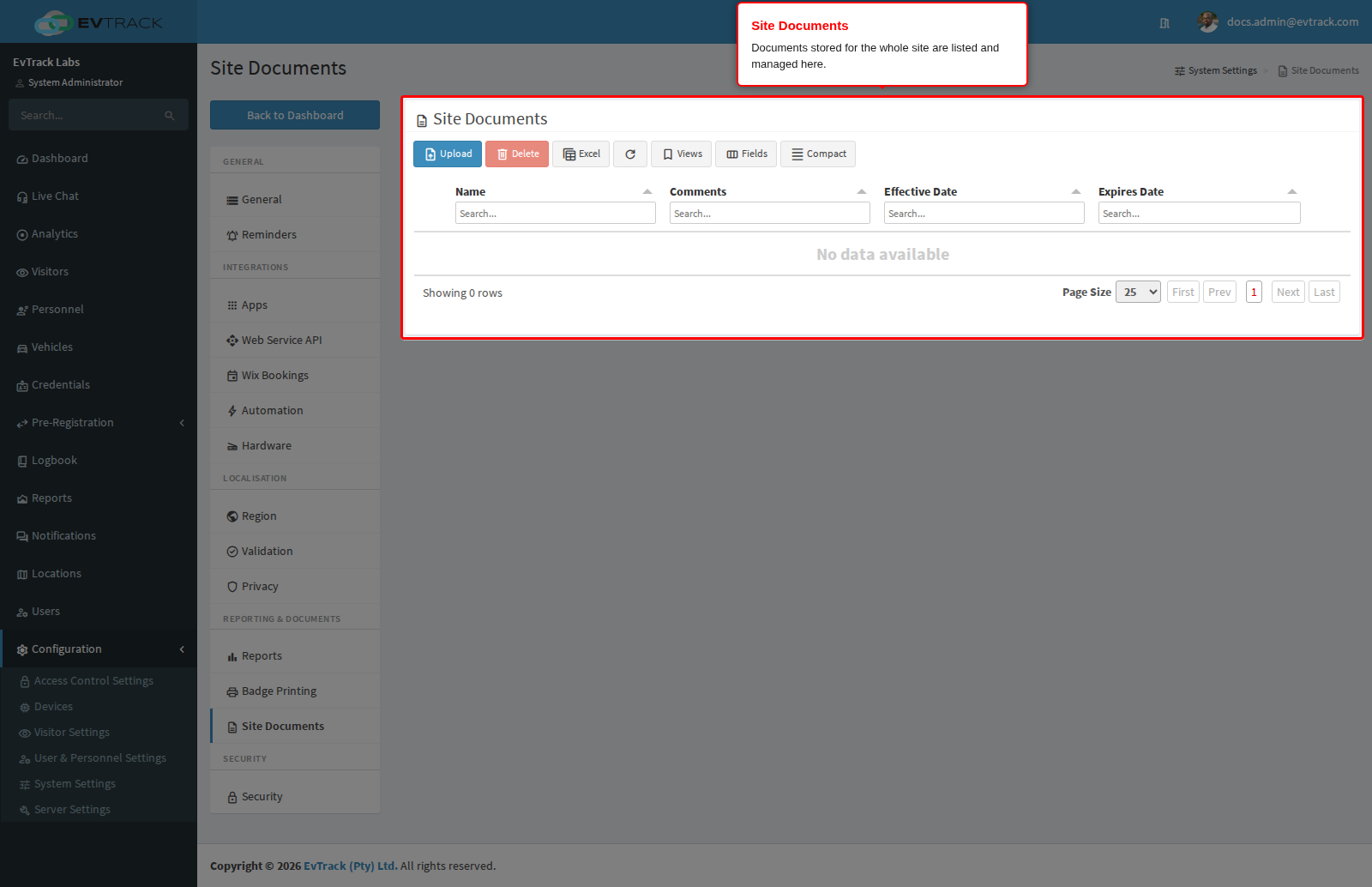 The Site Documents page