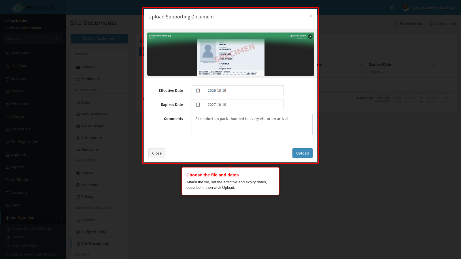 The upload dialog