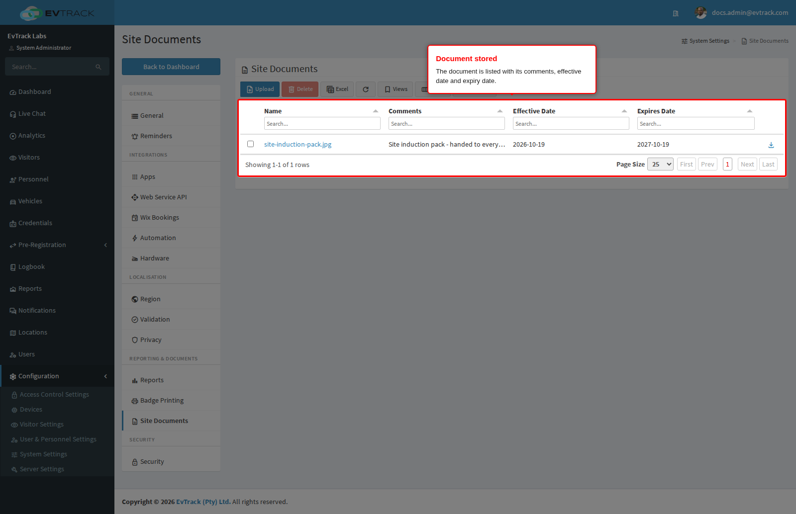 The stored document in the list
