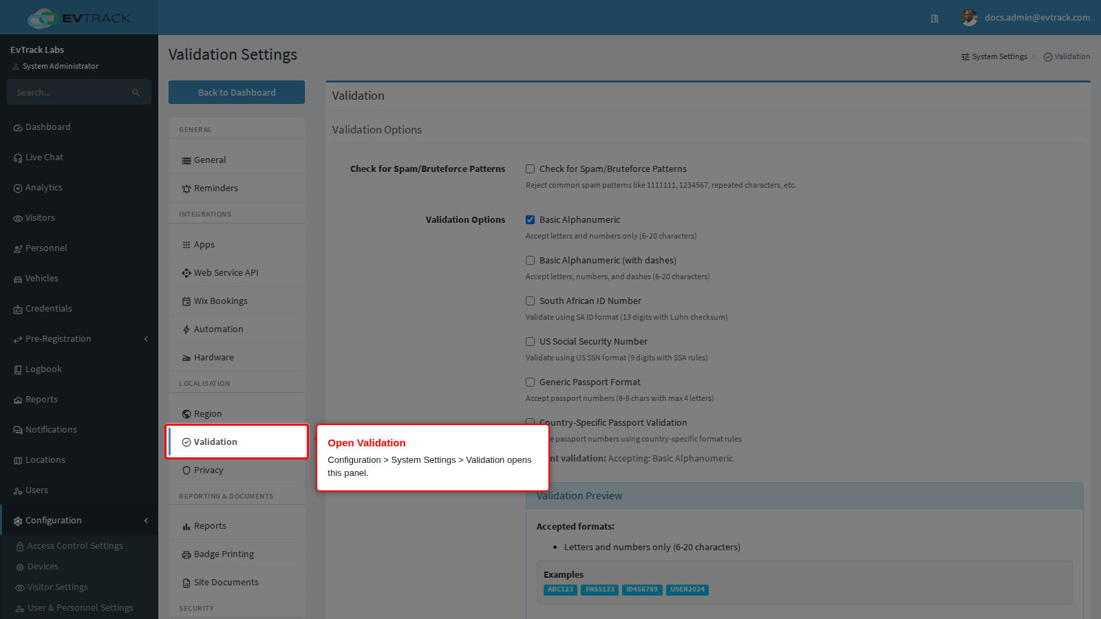 Validation in the System Settings sidebar