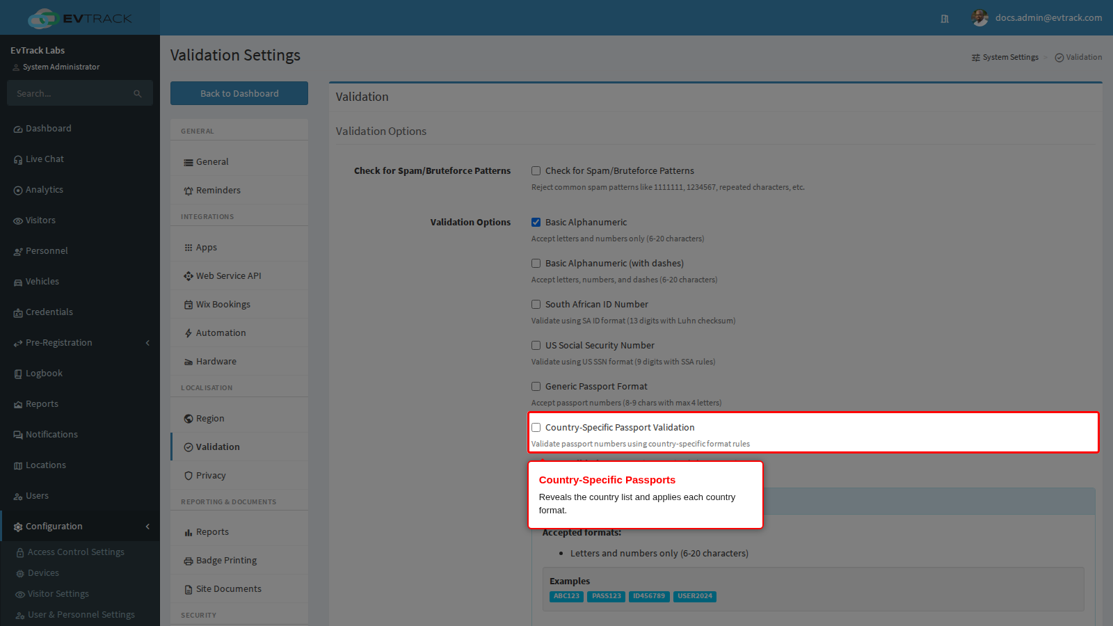 The Country-Specific Passport Validation option