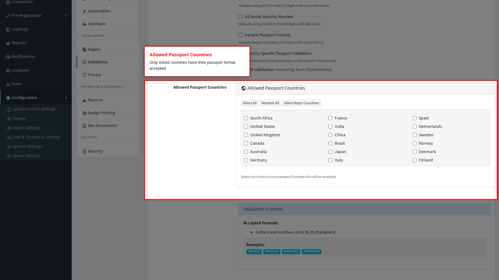 The Allowed Passport Countries panel