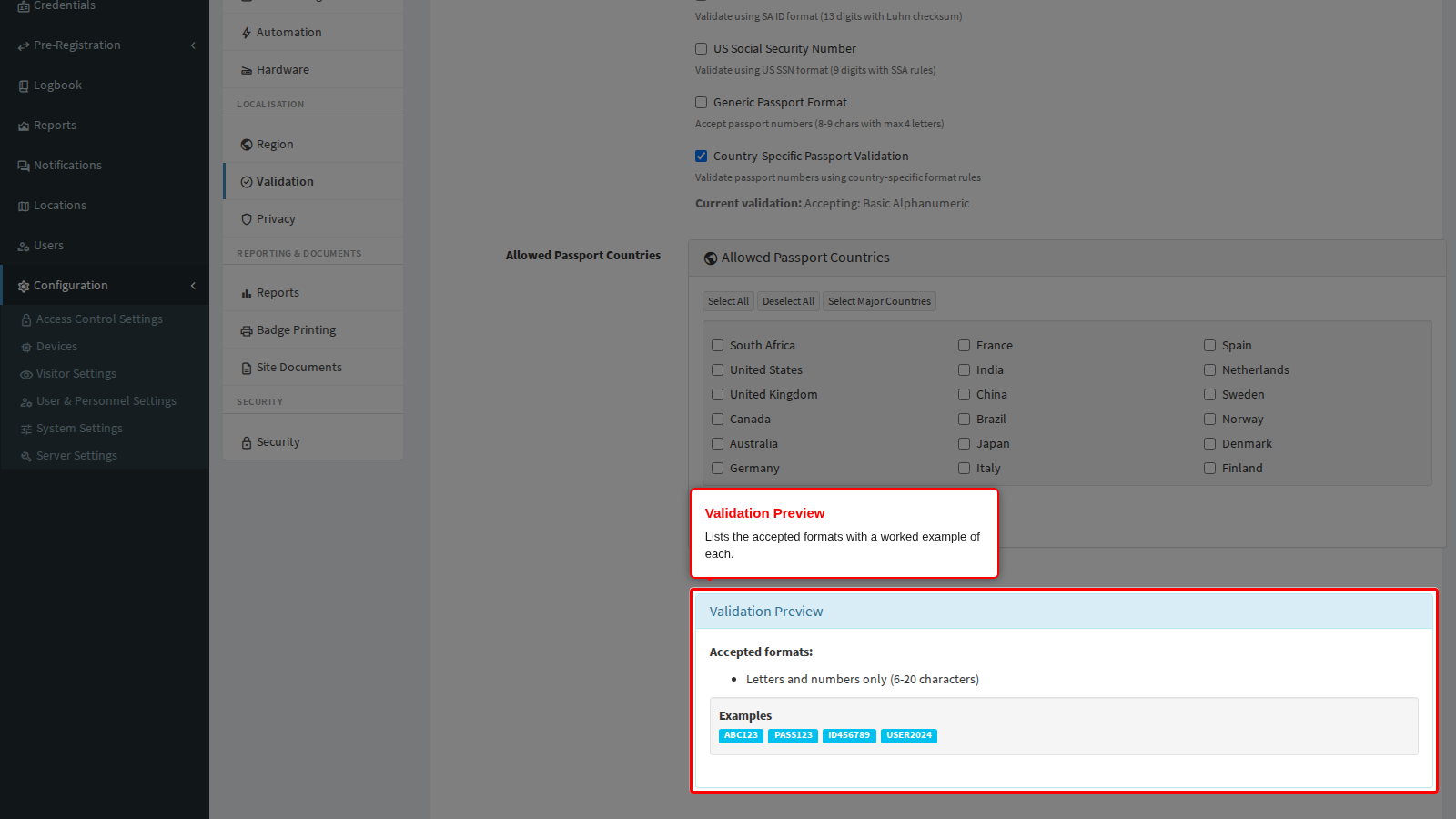 The Validation Preview panel