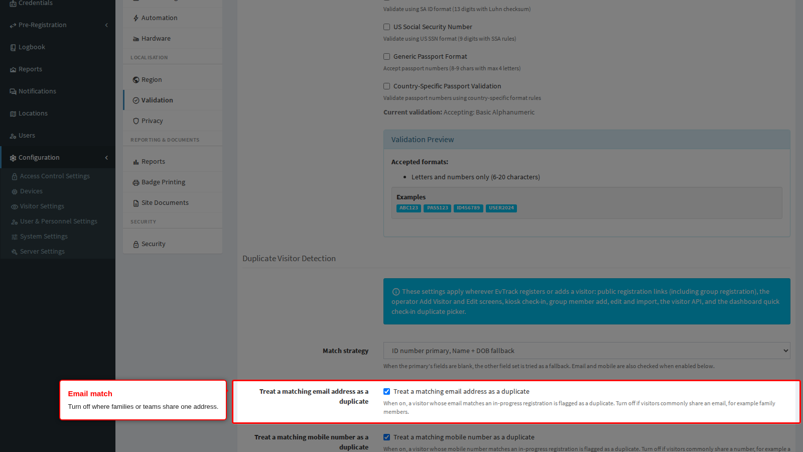 The Email match option