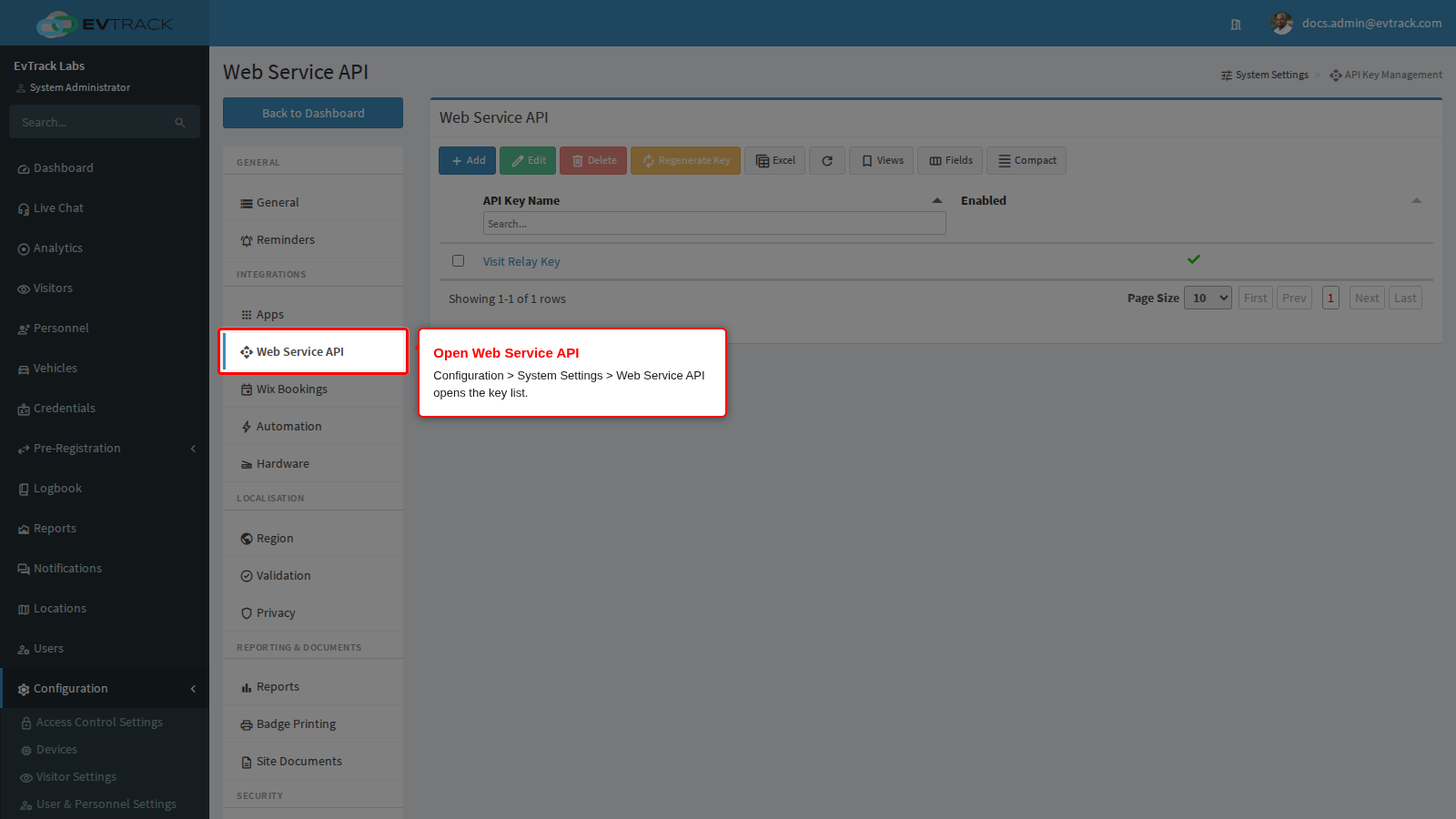 Web Service API in the System Settings sidebar