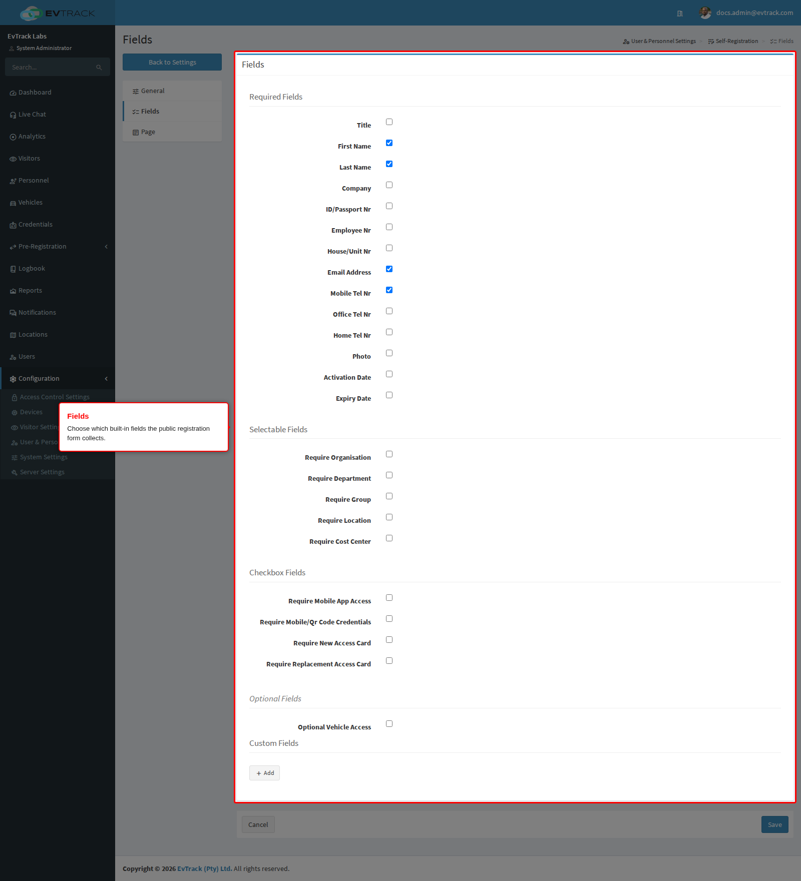 The Fields page: built-in switches at the top, the custom-field builder at the bottom