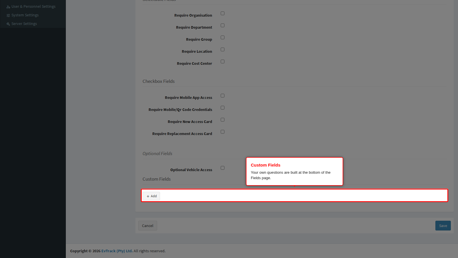 The Custom Fields builder at the foot of the Fields tab