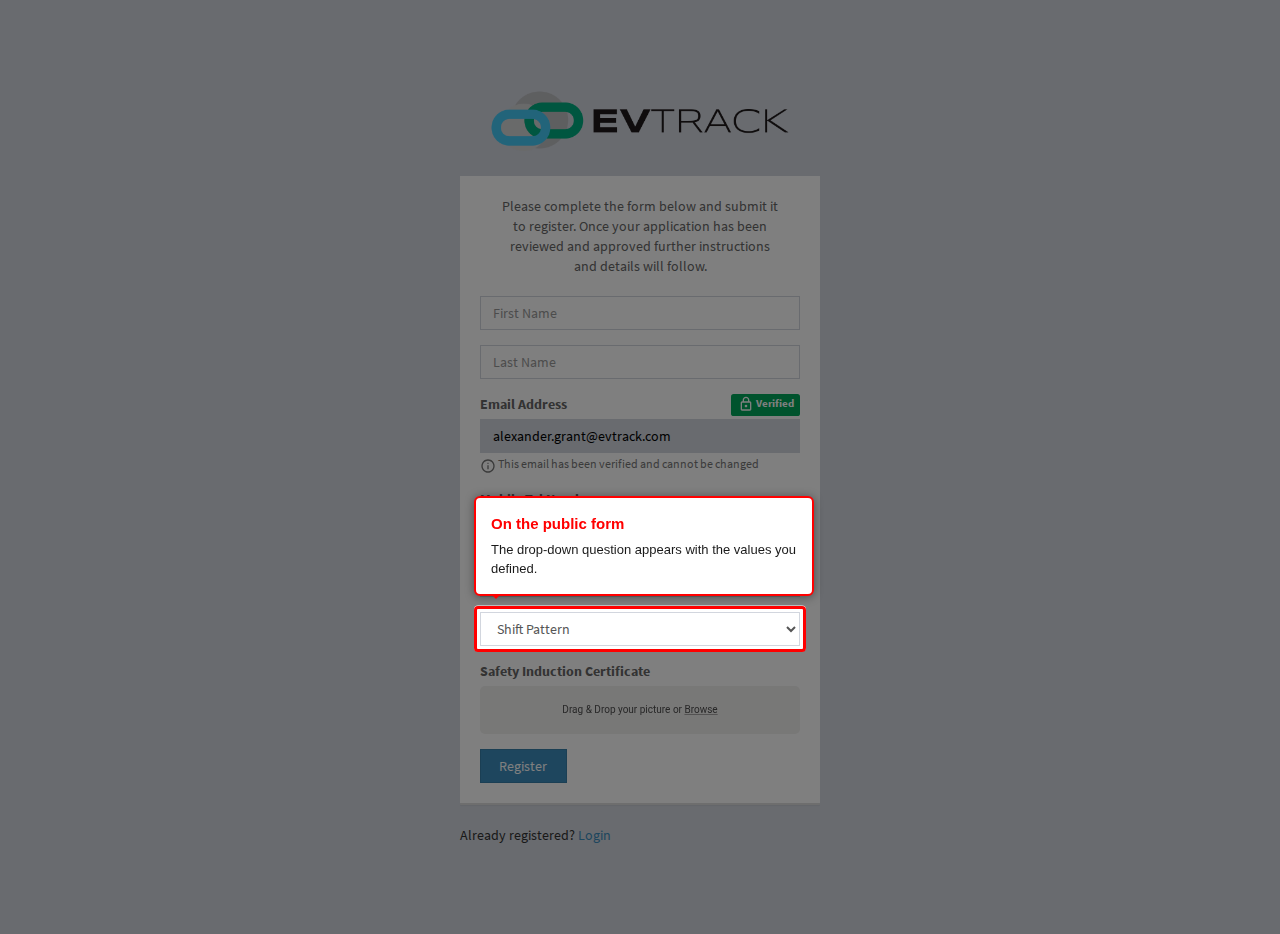 The custom questions on the public registration form