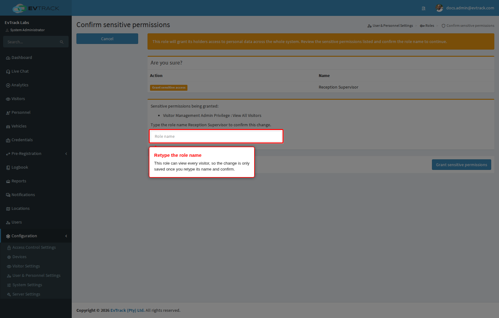 Confirm a role that can view all visitors