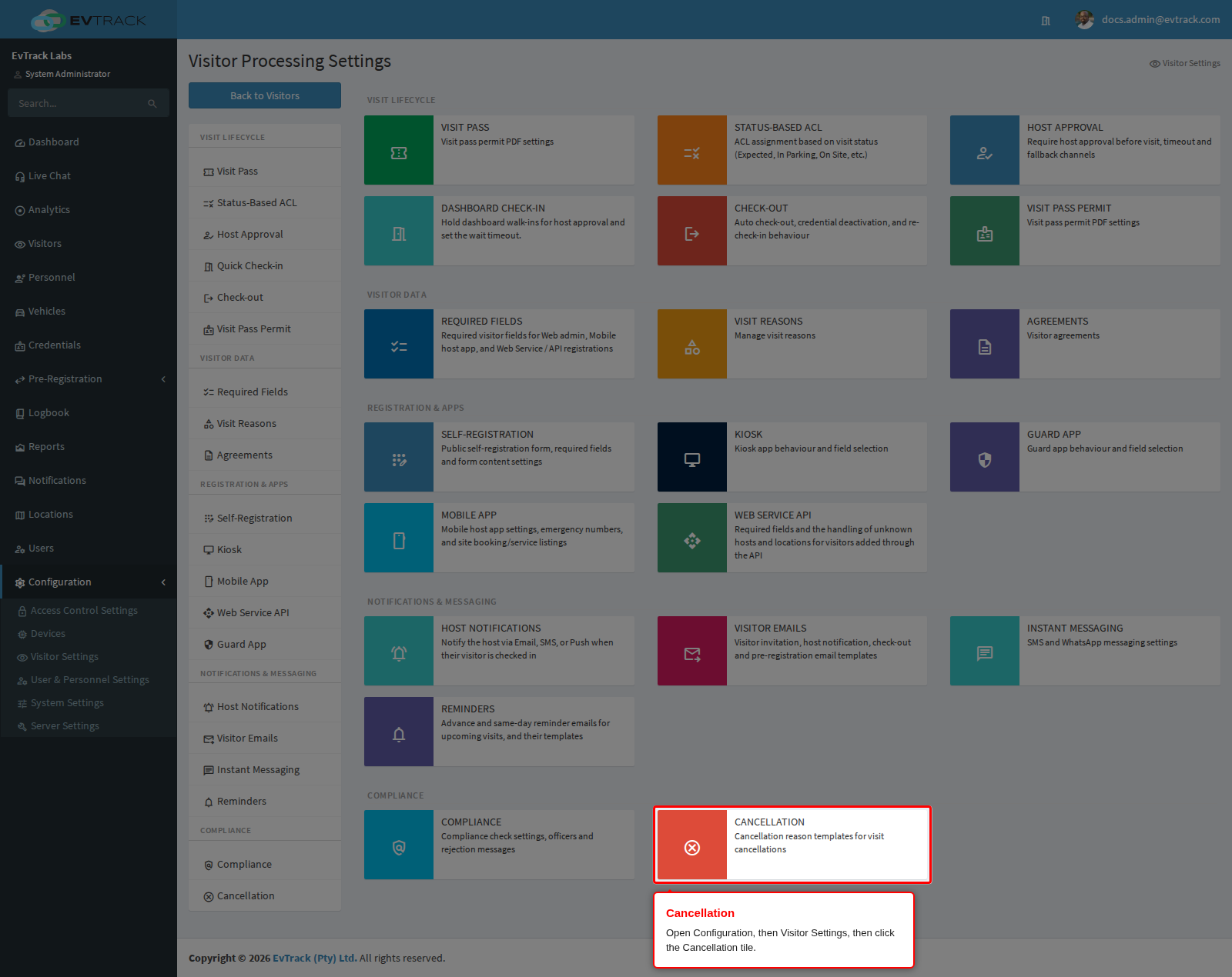 The Cancellation tile on the Visitor Settings page