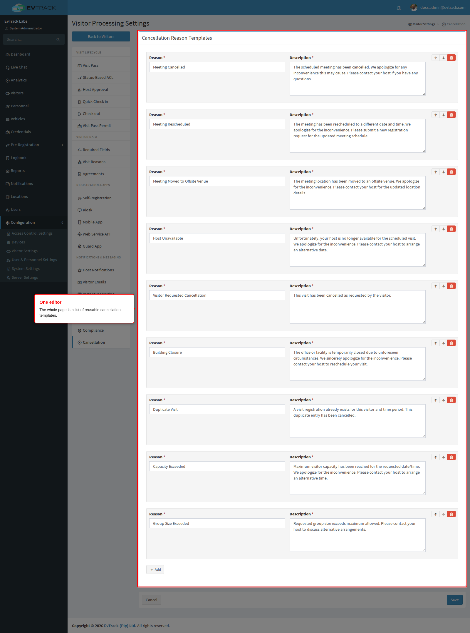 The Cancellation Reason Templates panel