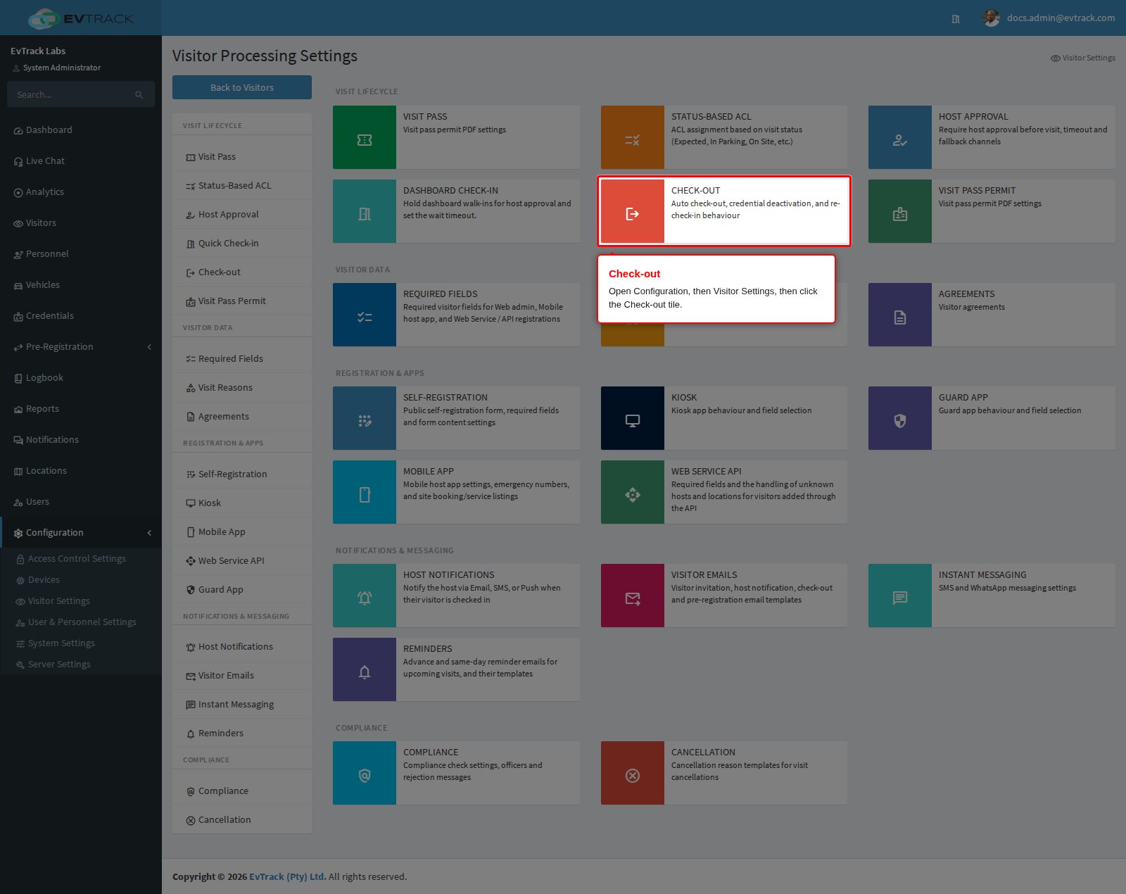 The Check-out tile on the Visitor Settings page