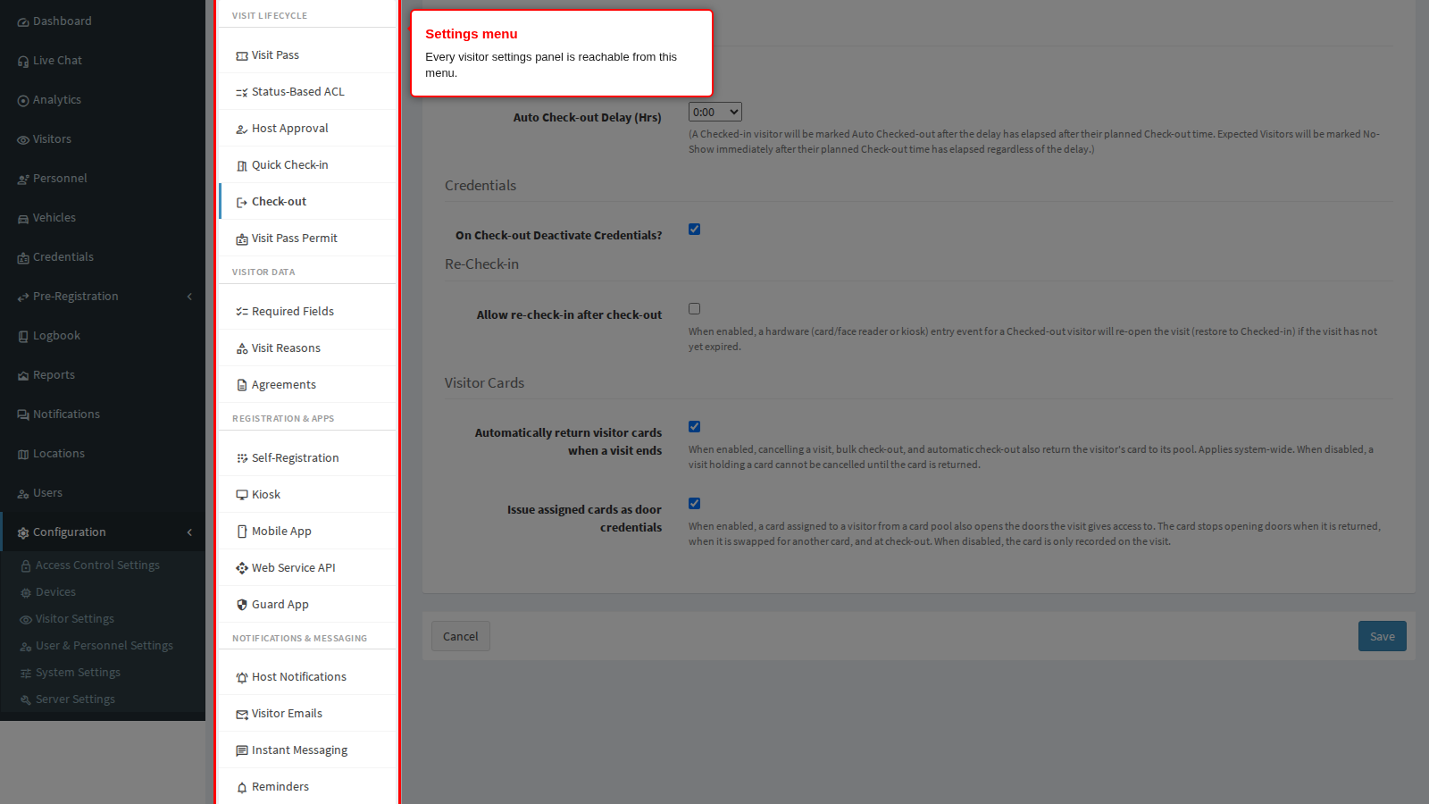 The visitor settings menu on the left of the panel