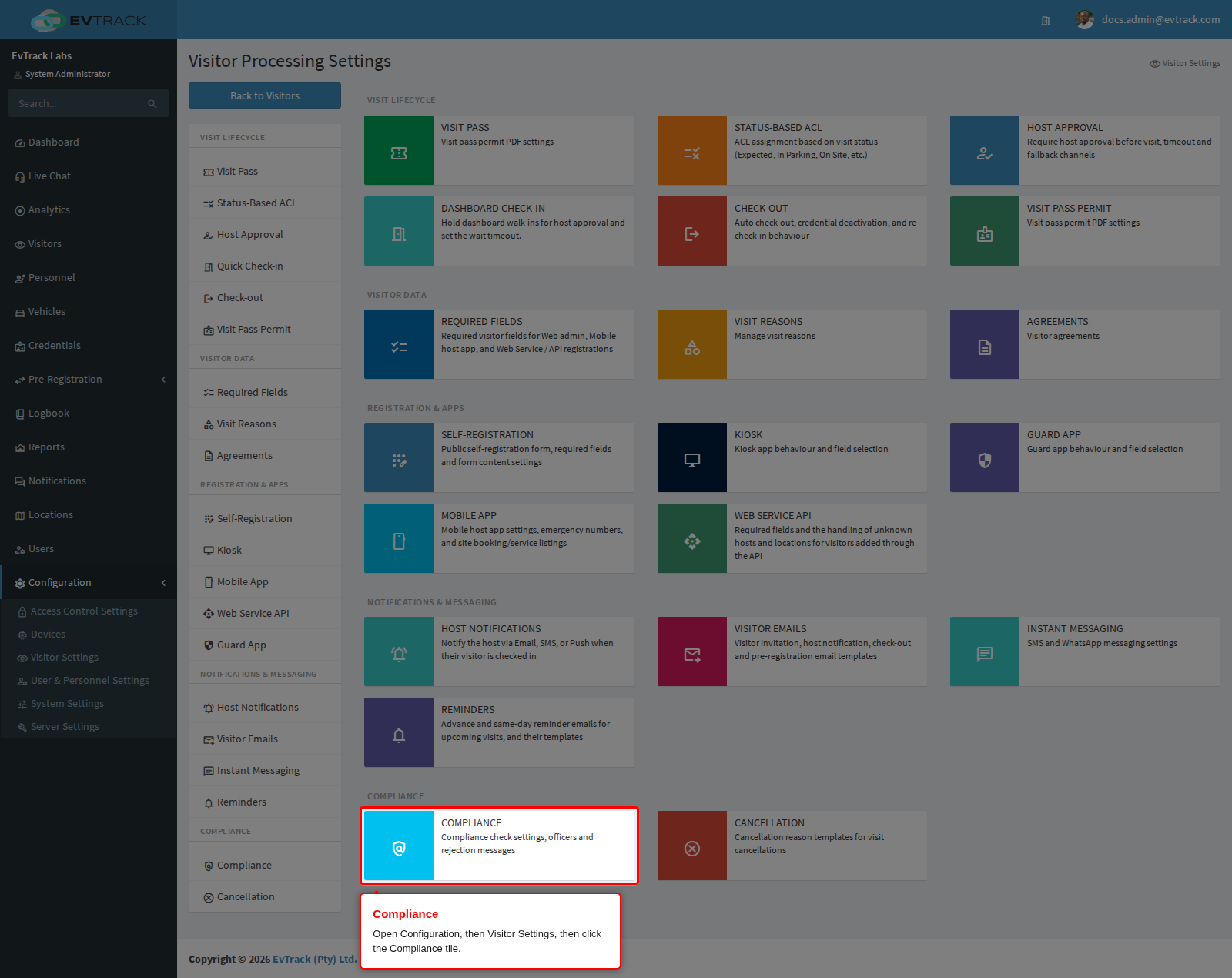 The Compliance tile on the Visitor Settings page