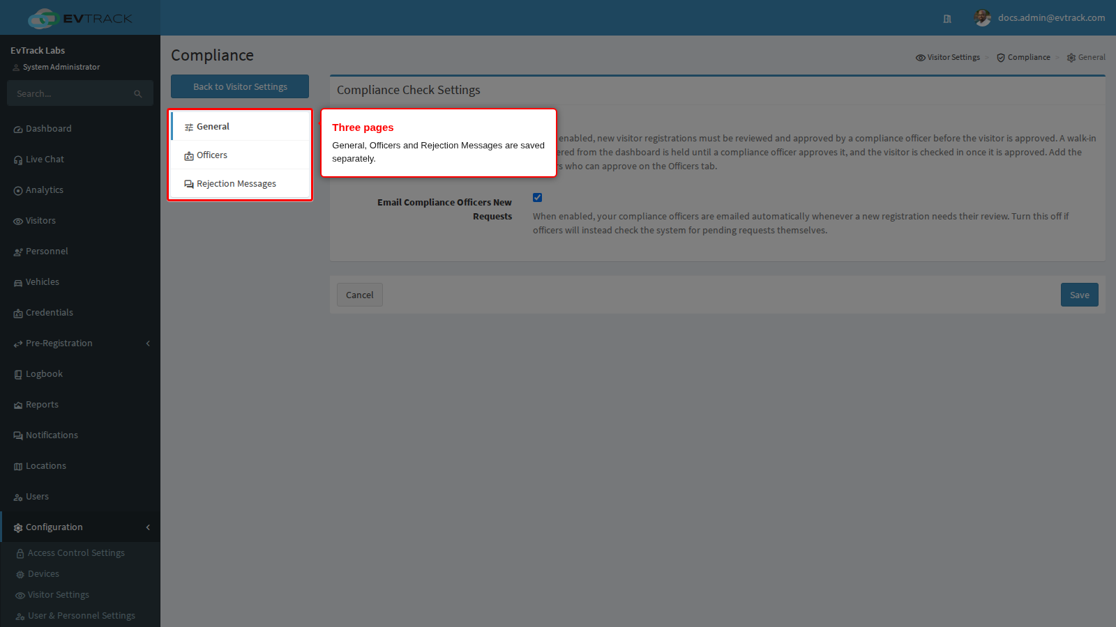 The three Compliance pages in the menu
