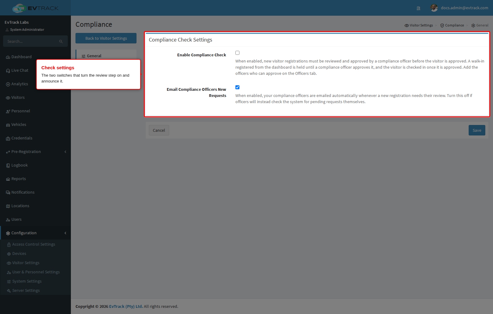 The Compliance Check Settings panel