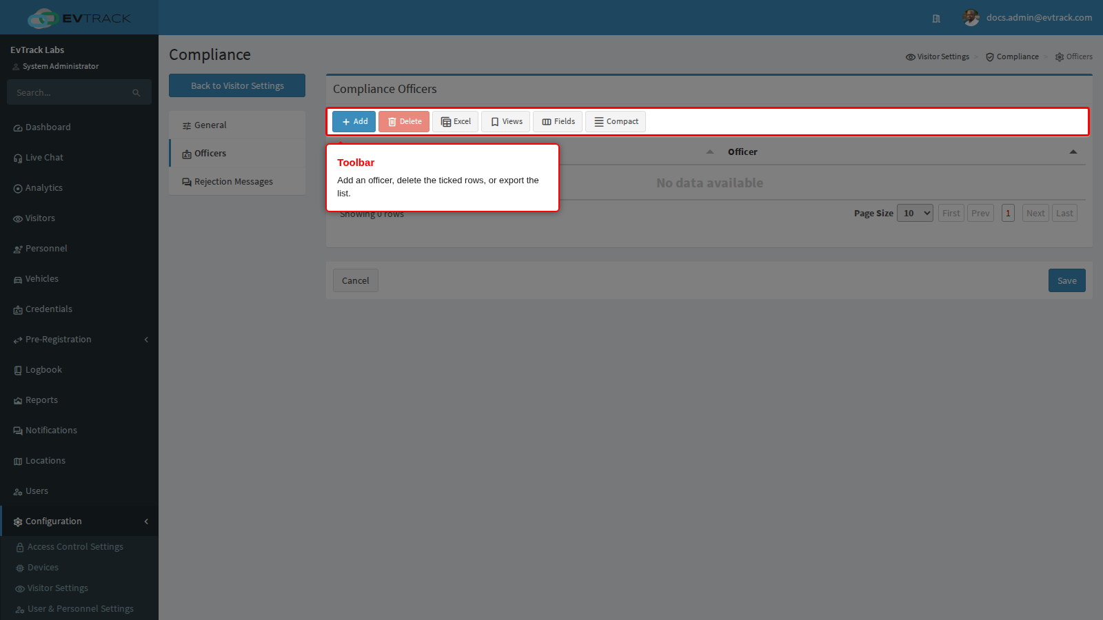 The officer list toolbar