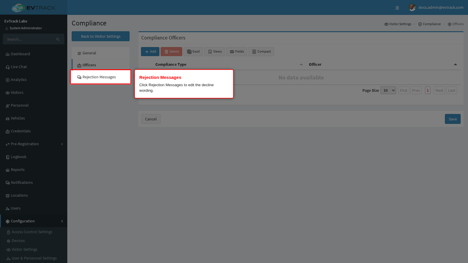 Rejection Messages in the Compliance menu