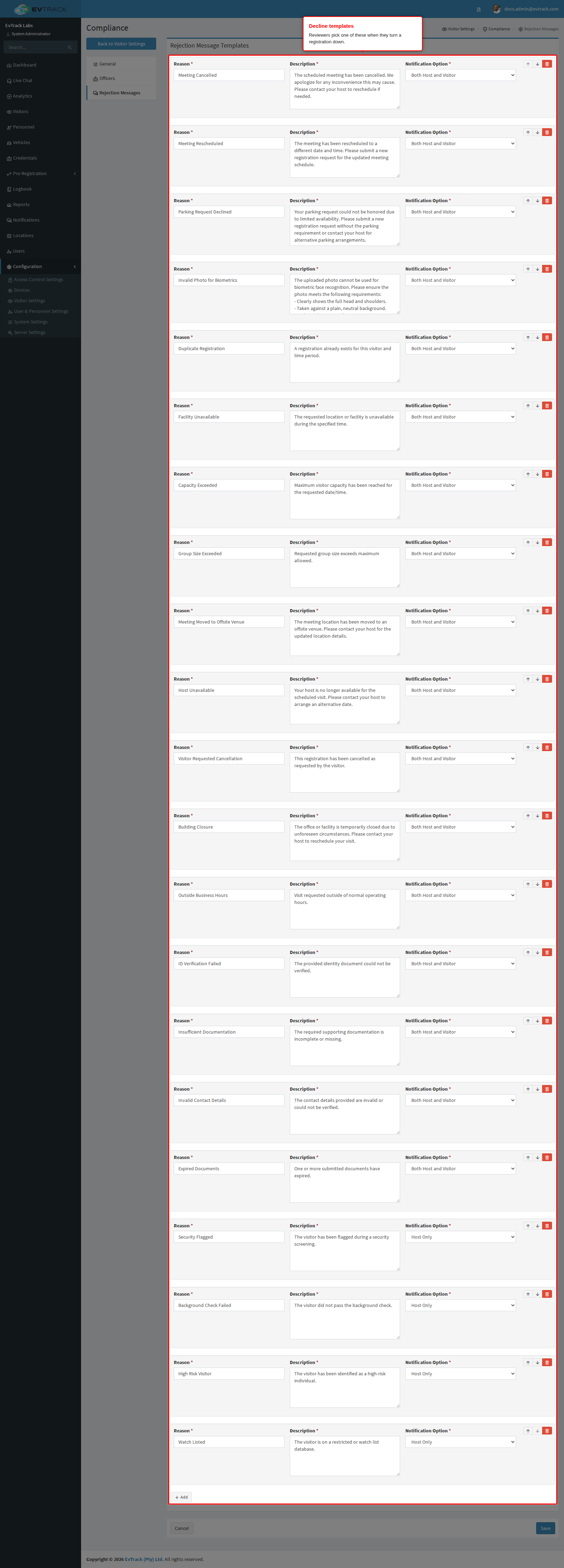 The rejection message list