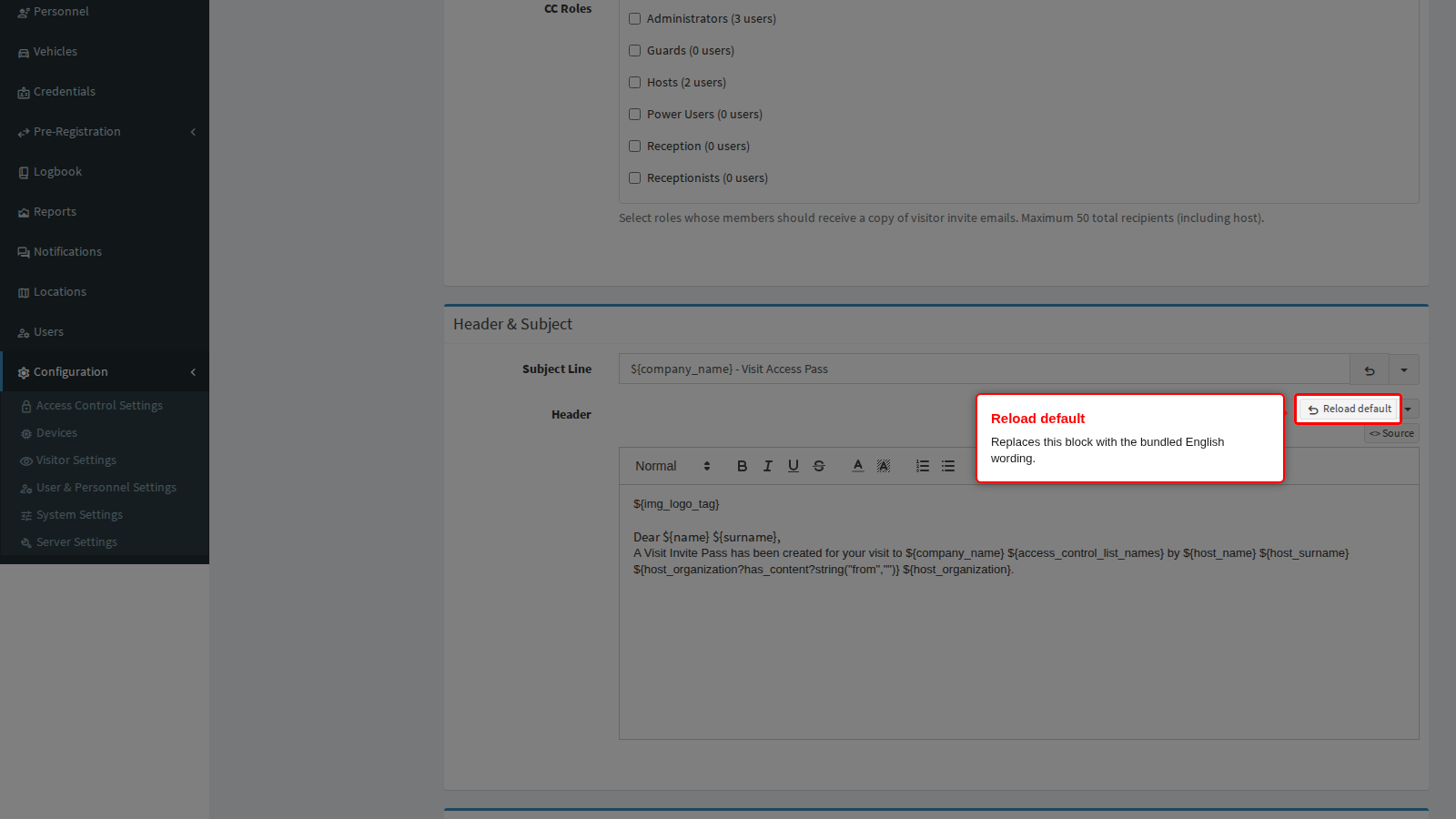 Reload default button