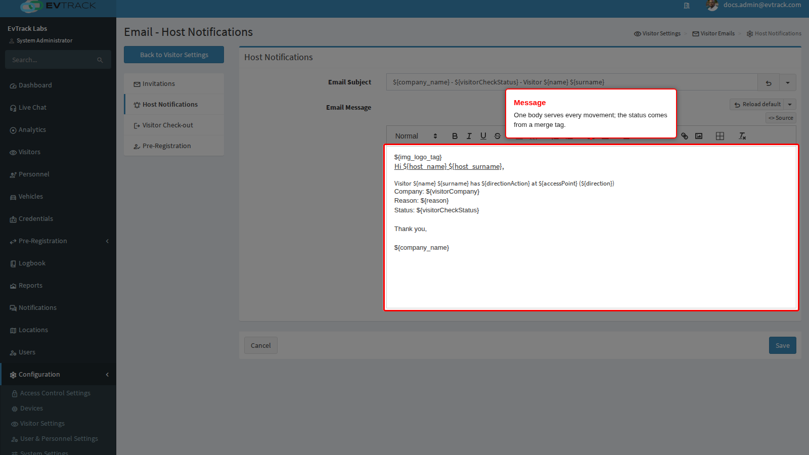 Host notification message