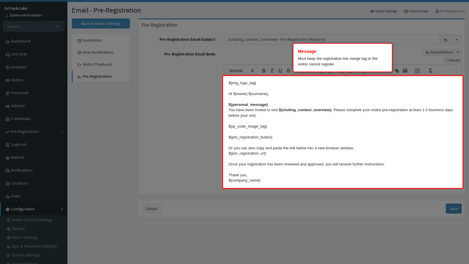 Pre-registration message